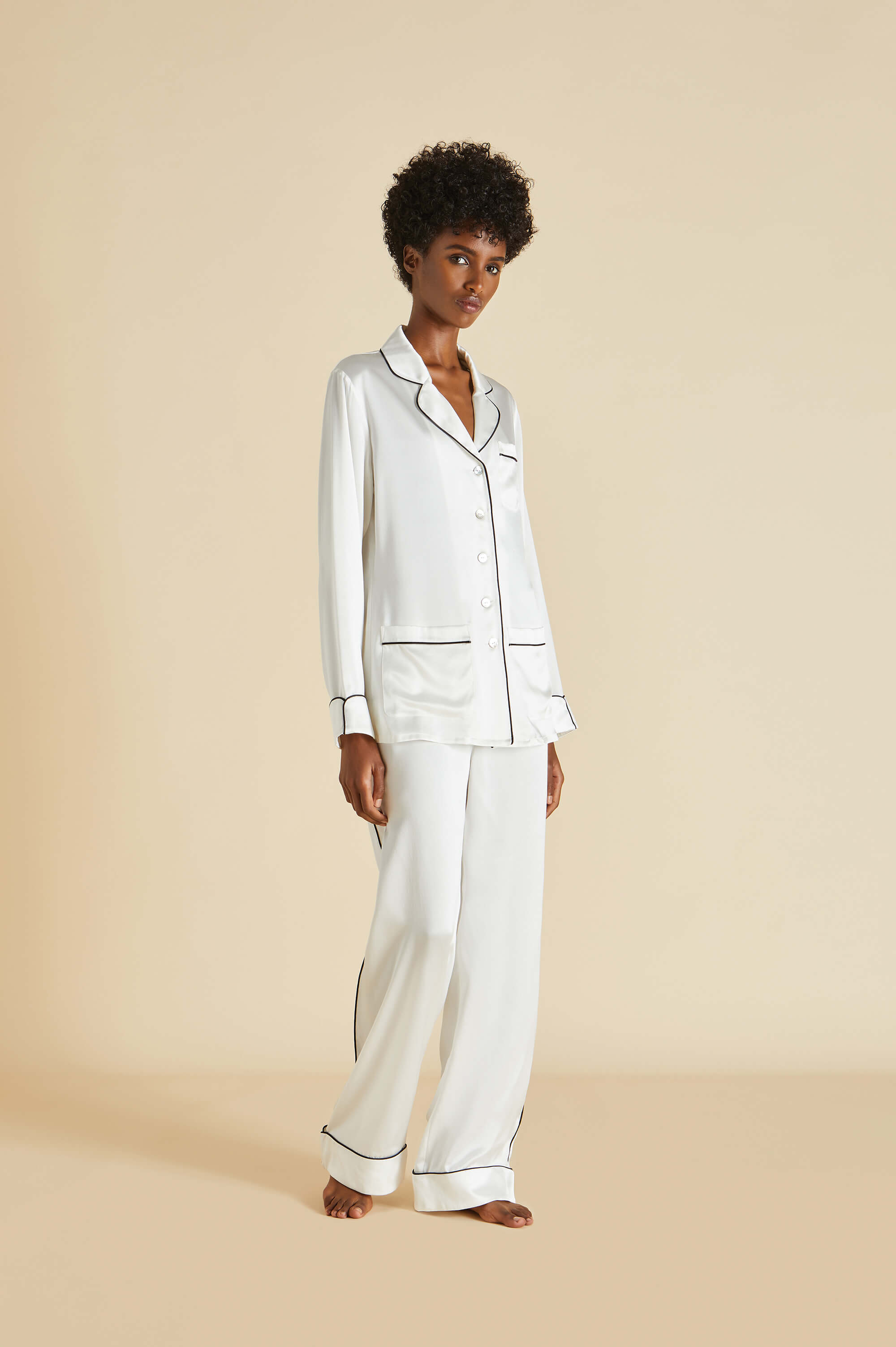coco ivory jet black pajamas in silk satin