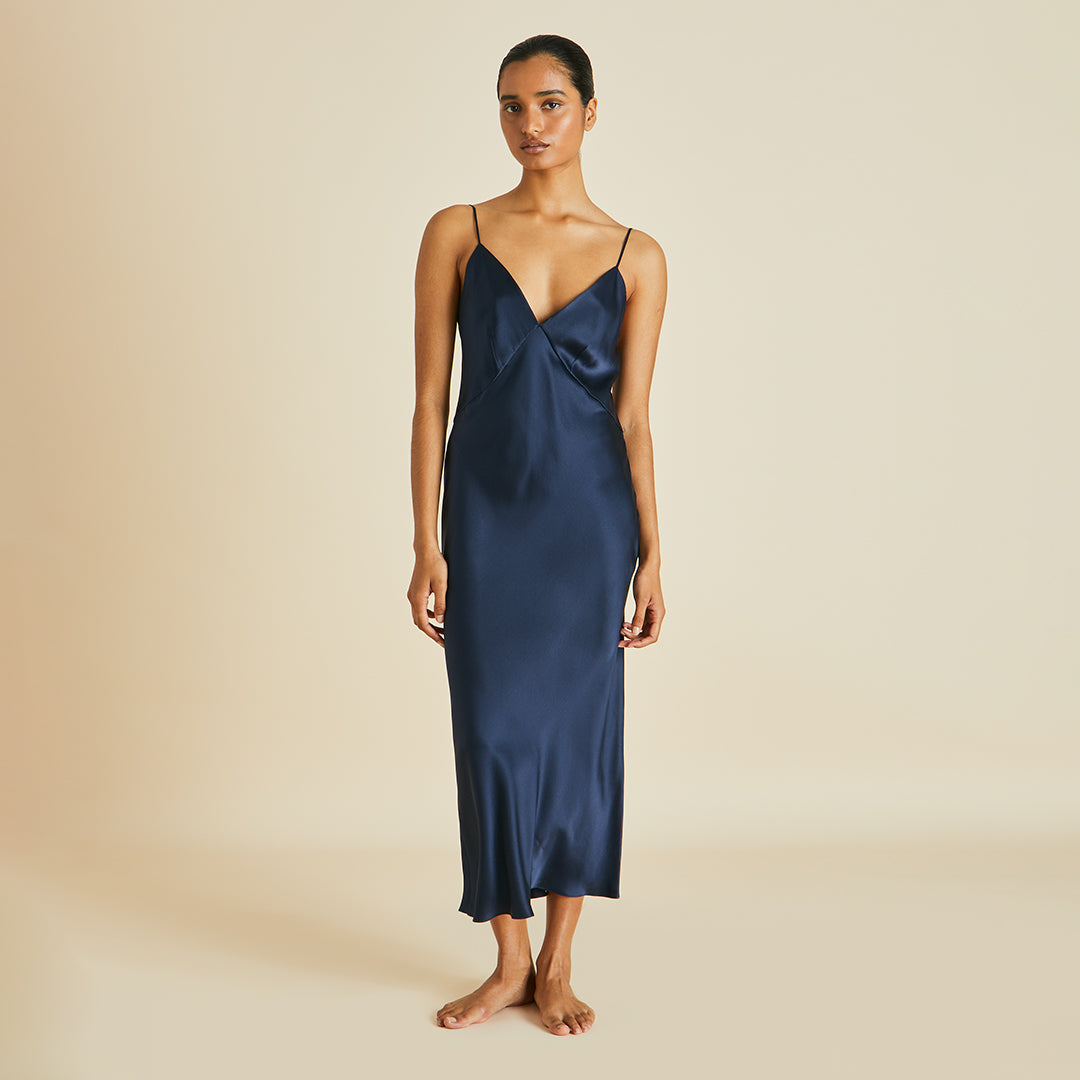 Olivia Von Halle | Issa Navy Slip Dress in Silk Satin | Women | Navy Blue Luxury Silk Slip Dress Olivia Von Halle | Issa Navy Slip Dress in Silk Satin | Women | Navy Blue Luxury Silk Slip Dress