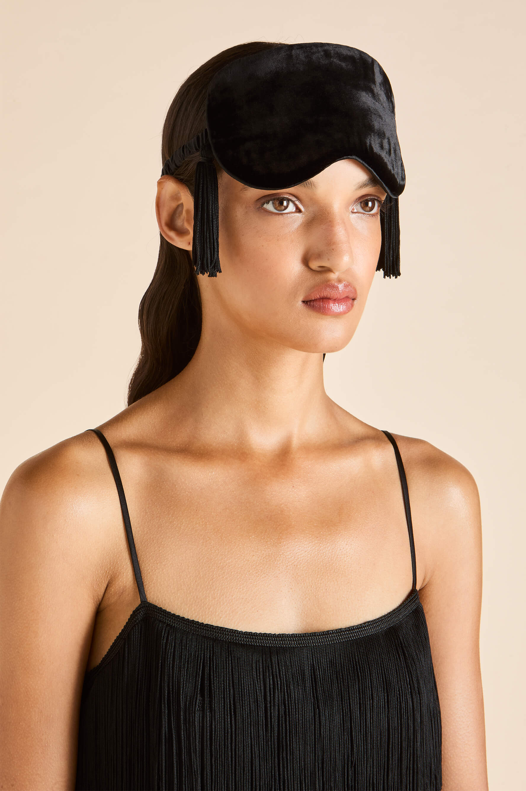 audrey valentina black fringe eye mask in silk velvet