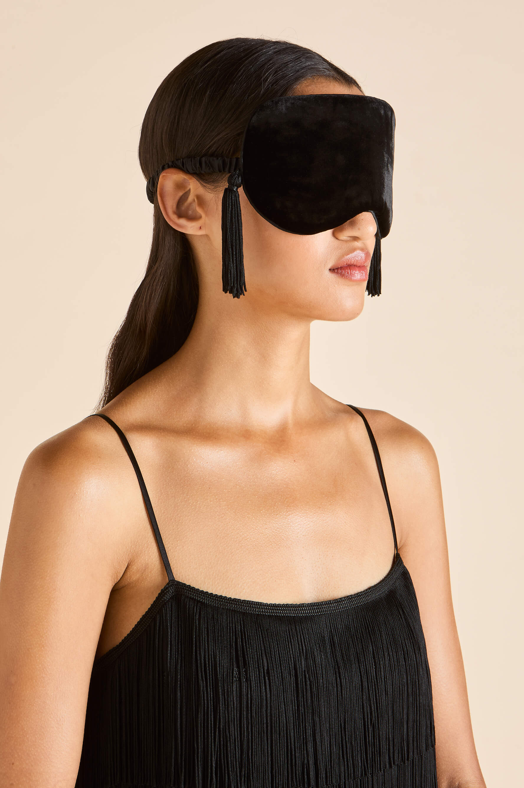 Audrey Valentina Black Fringe Eye Mask in Silk Velvet