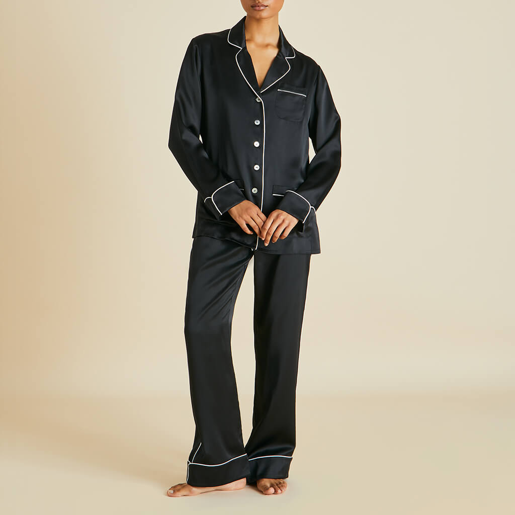 Coco Jet Black Pajamas in Silk Satin | Olivia von Halle