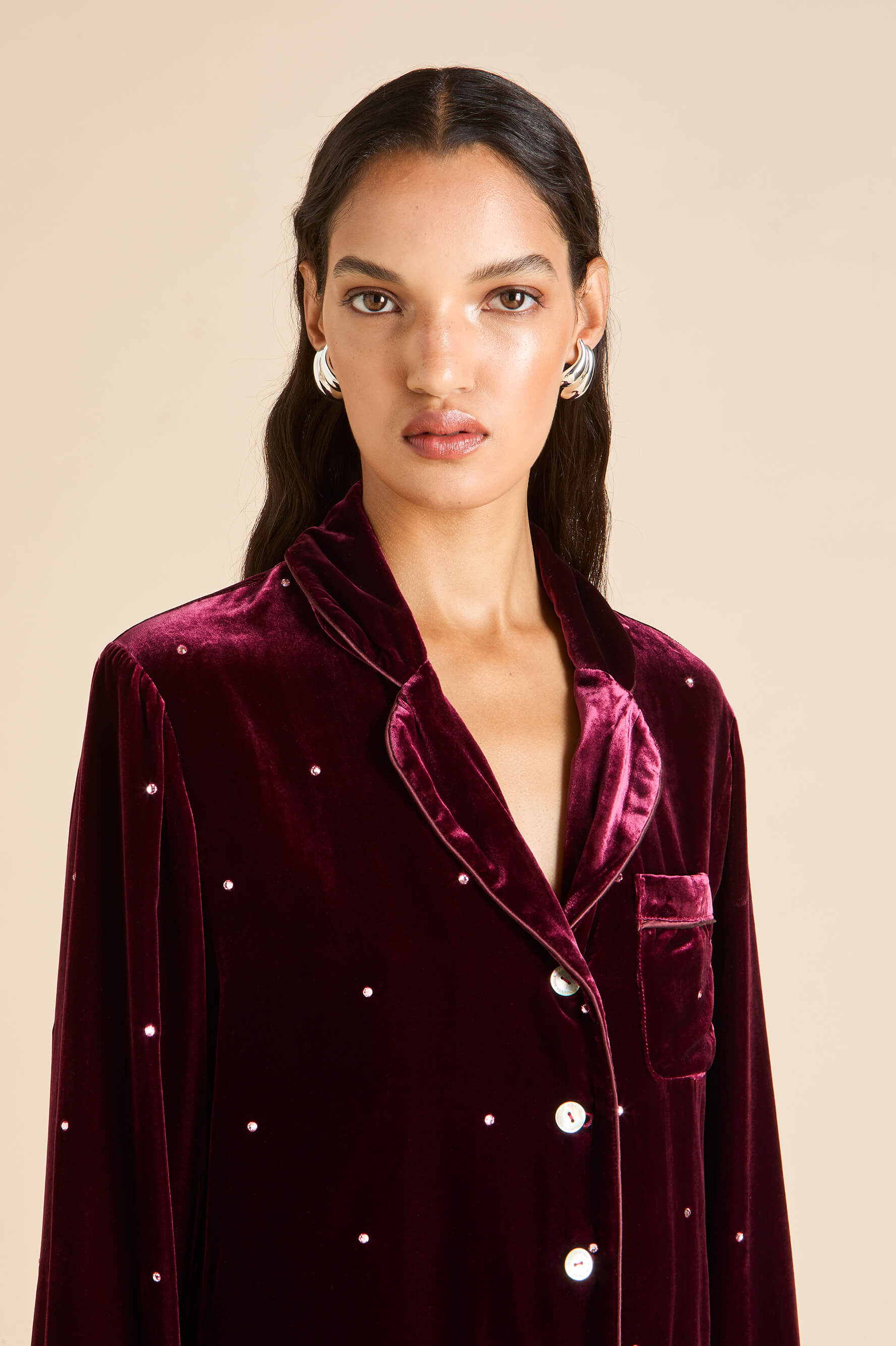 coco ritzy red crystal pyjamas in silk velvet