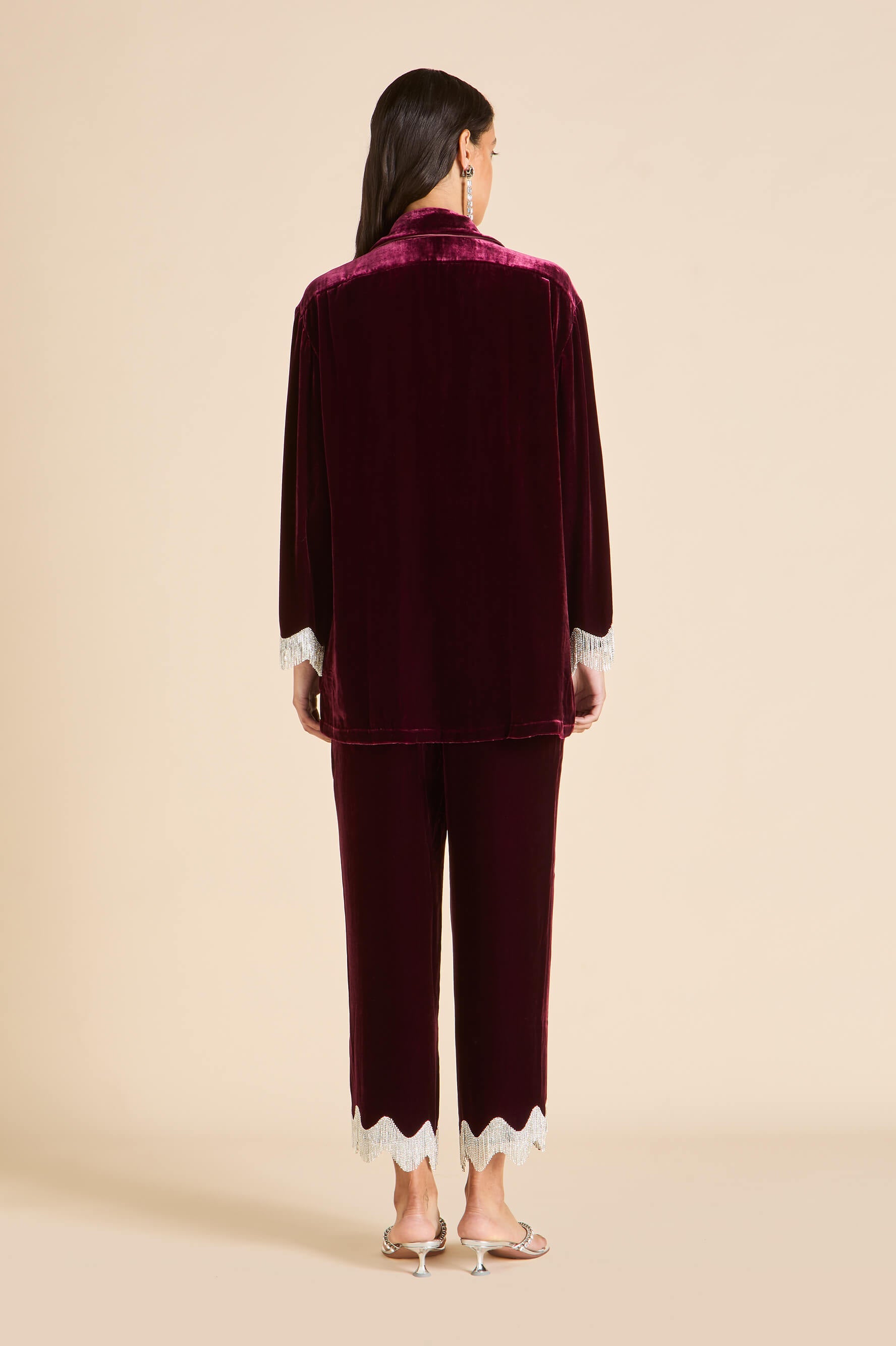 Fifi Victoria Red Crystal Fringe Pyjamas in Silk Velvet