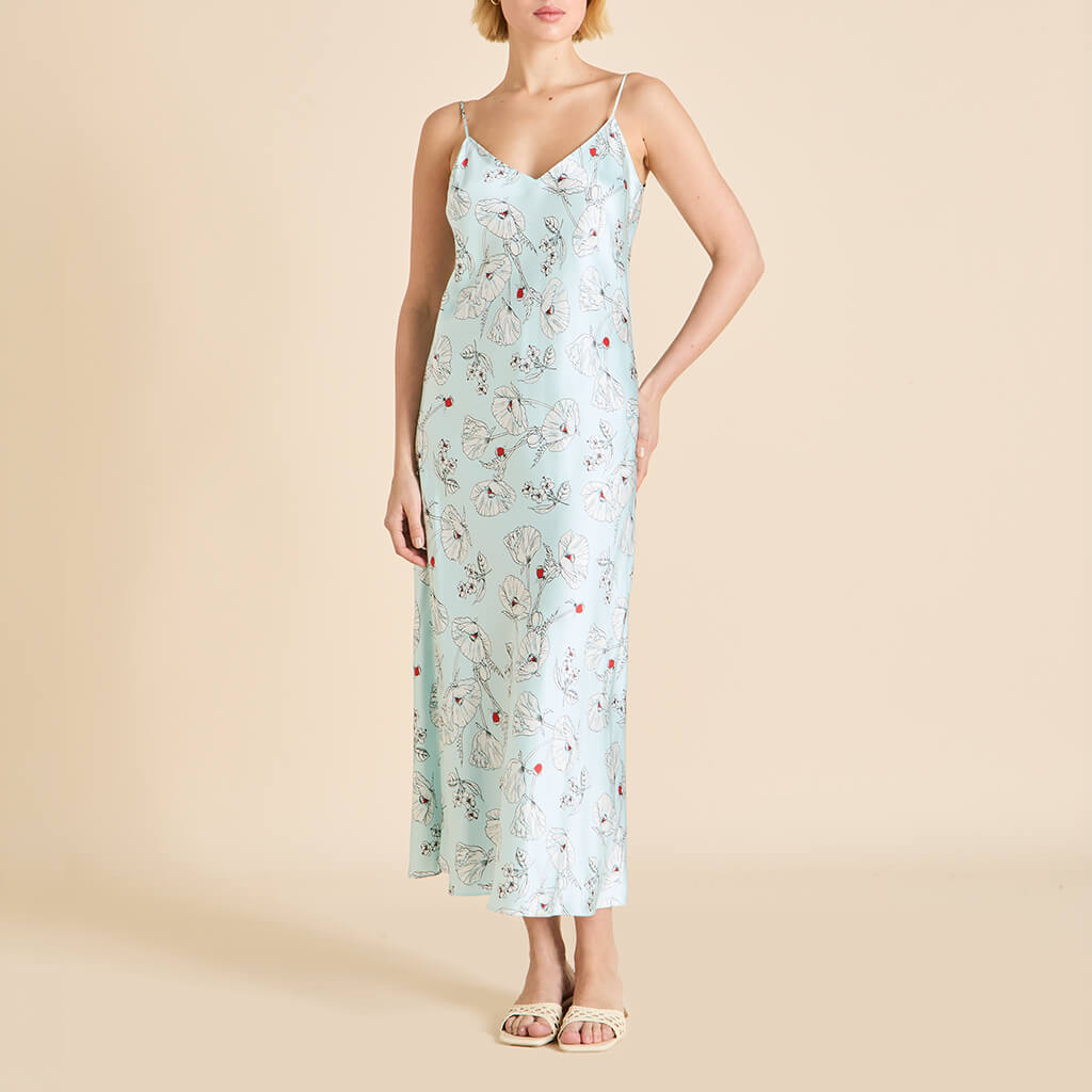 silk blue slip dress Satin 90's Slip Dress with Bow Detail - Powder Blue