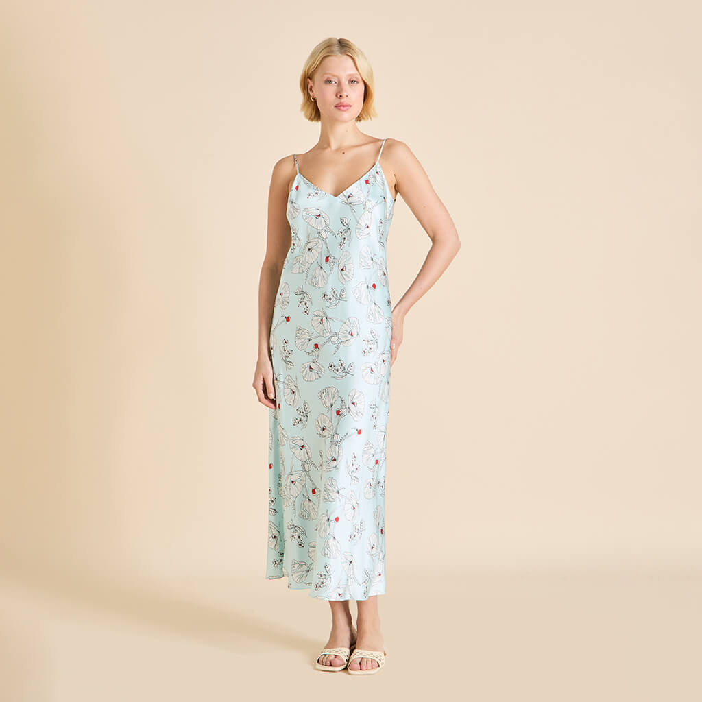 Garbo Serafina Blue Floral Slip Dress in Silk Satin