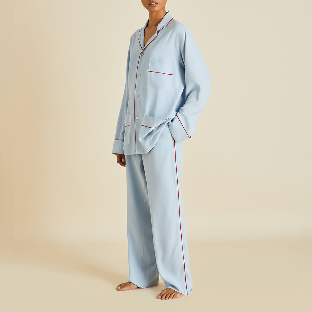 Laurent Cerulean Blue Pajamas in Sandwashed Silk | Olivia von Halle