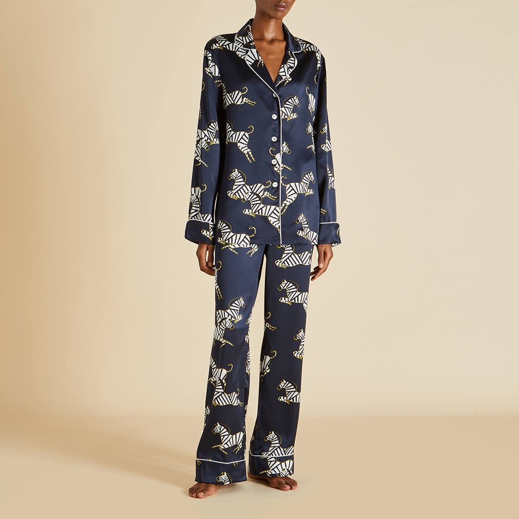 Lila Zizi Navy Zebra Pyjamas in Silk Satin | Olivia von Halle