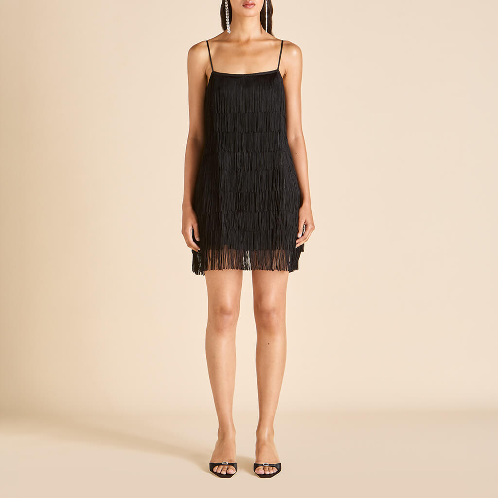 Lola Valentina Black Fringe Slip Dress in Silk Satin