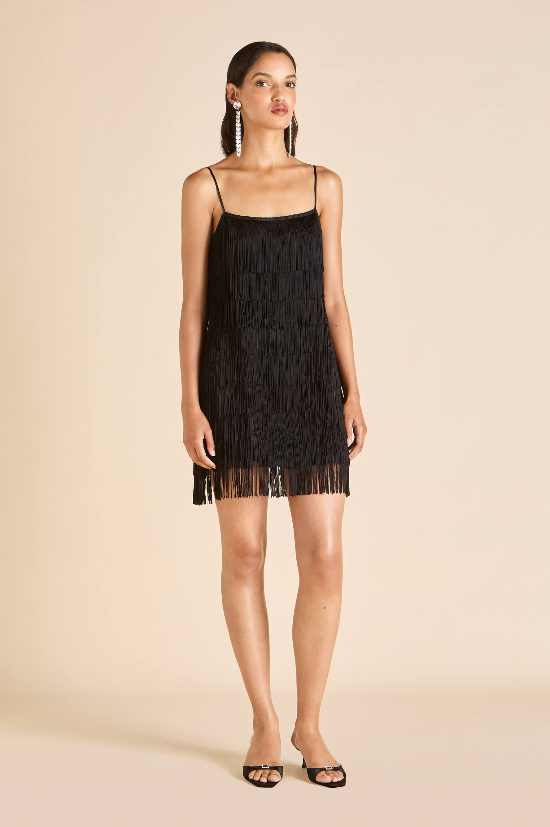 Lola Valentina Black Fringe Slip Dress in Silk Satin