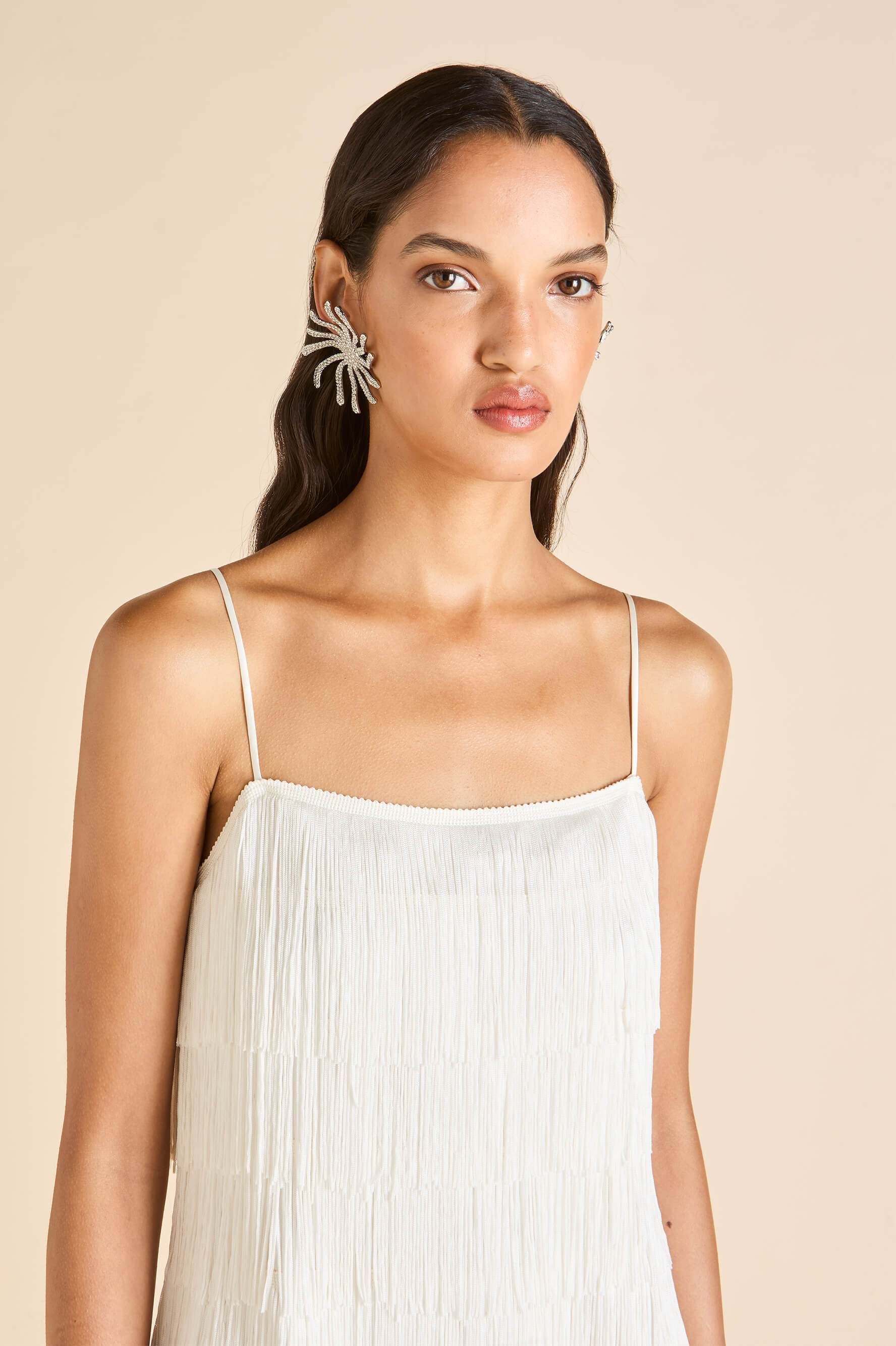 Lola Vivienne Ivory Fringe Slip Dress in Silk Satin