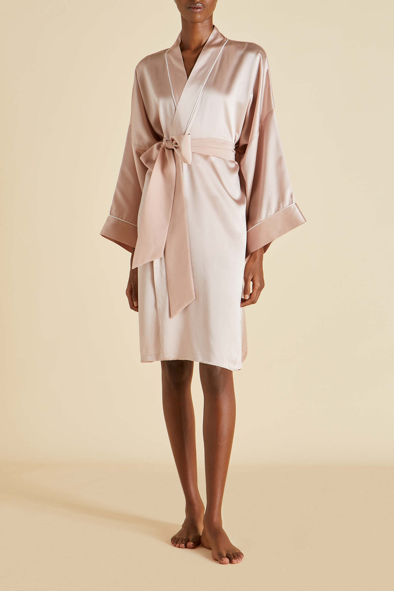 Mimi Oyster Ivory Robe in Silk Satin | Olivia von Halle