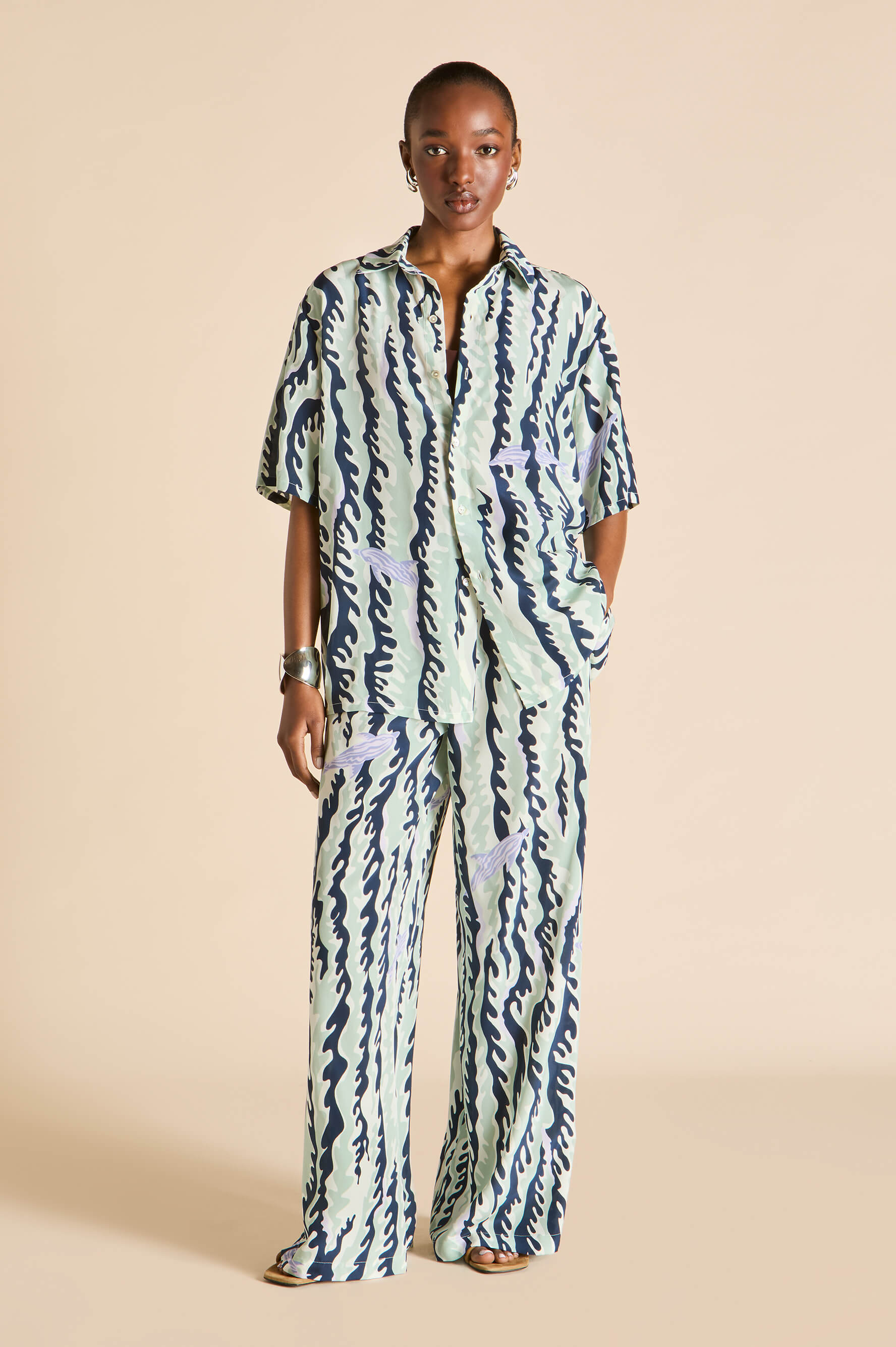 Alabama Marina Navy Wave Pyjamas in Silk Crêpe de Chine