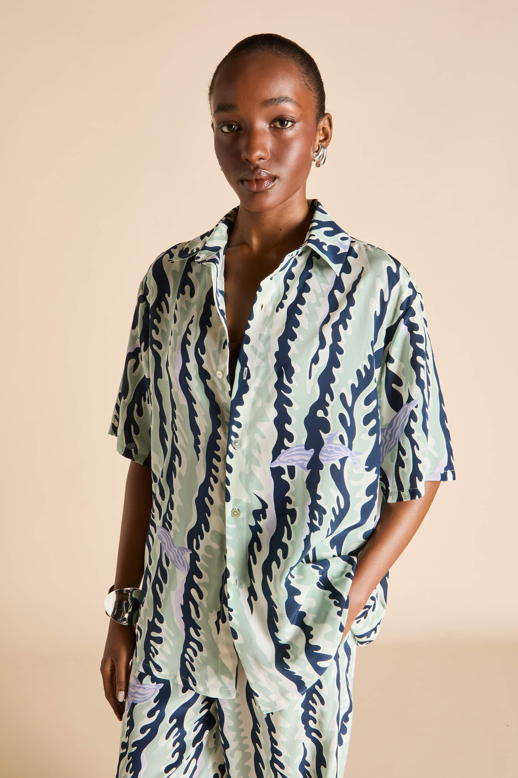 alabama marina navy wave pajamas in silk crêpe de chine