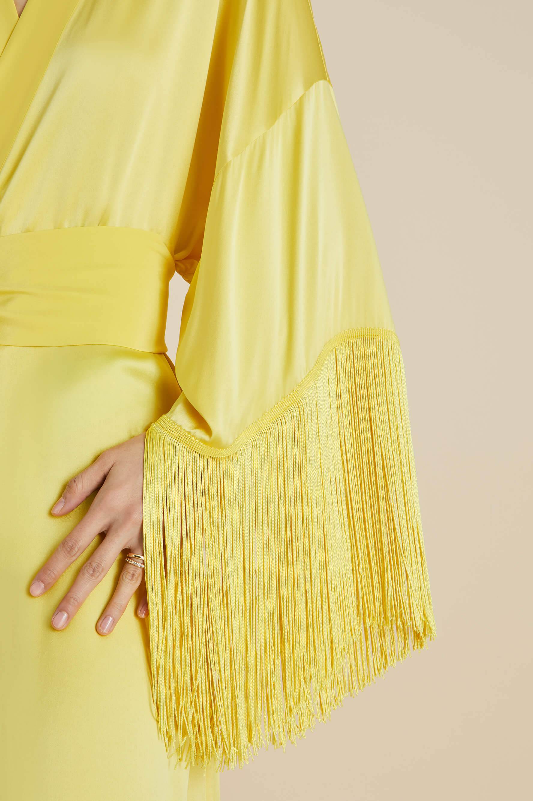 Amina Yellow Fringed Robe in Silk Satin