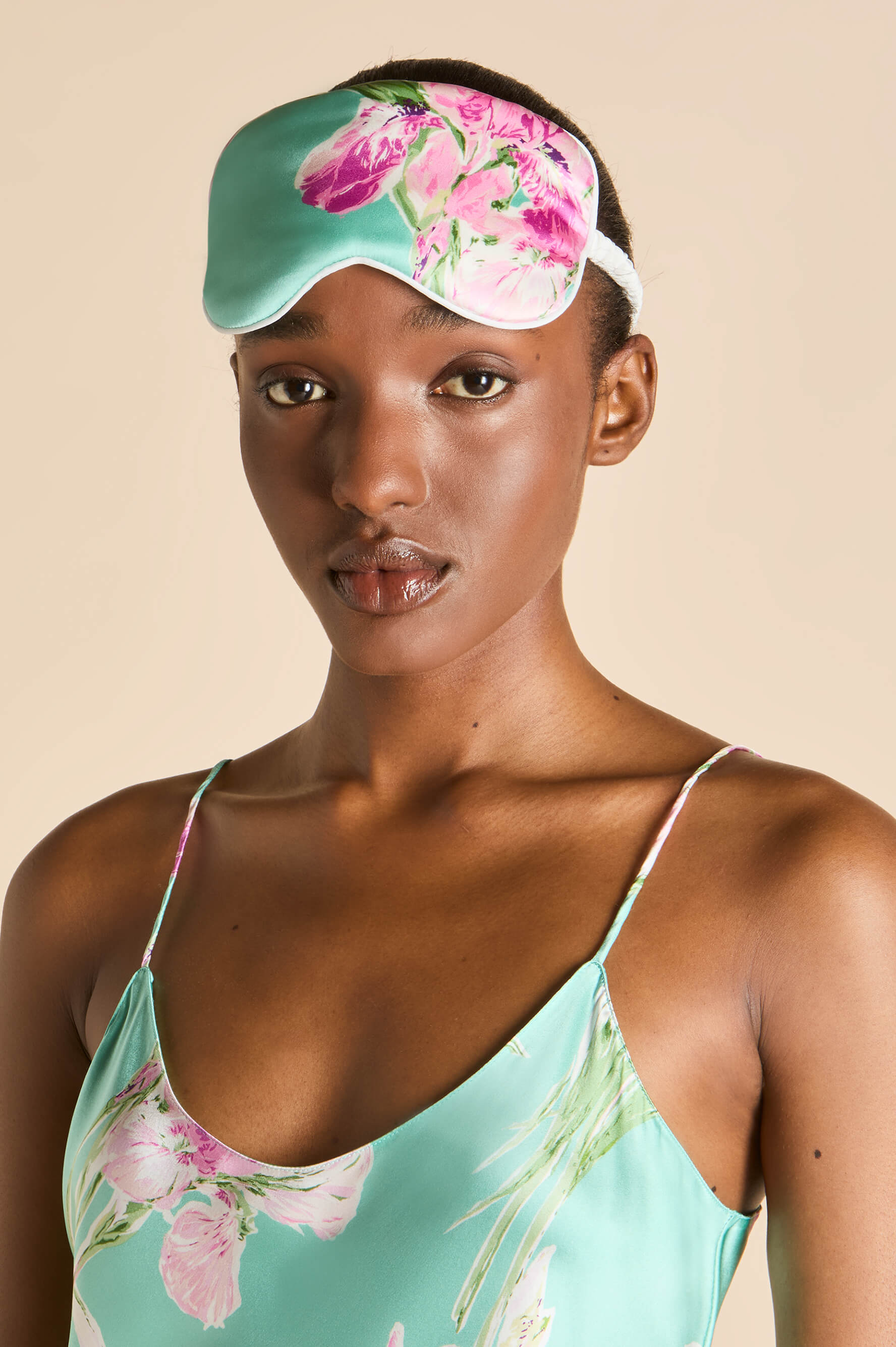 Audrey Abalone Turquoise Floral Eye Mask in Silk Satin