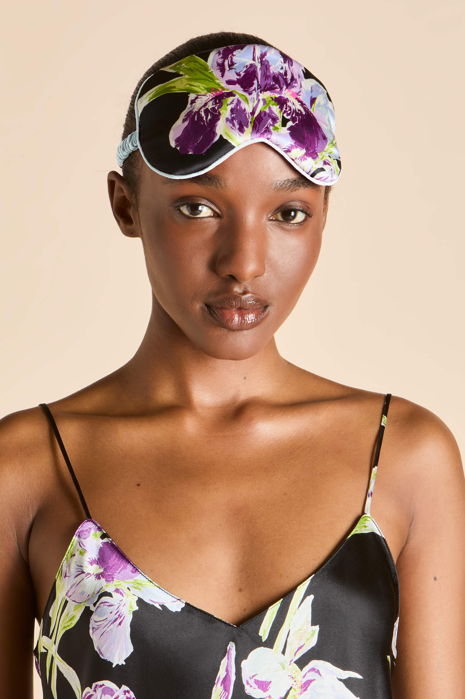 Audrey Athena Black Floral Eye Mask in Silk Satin