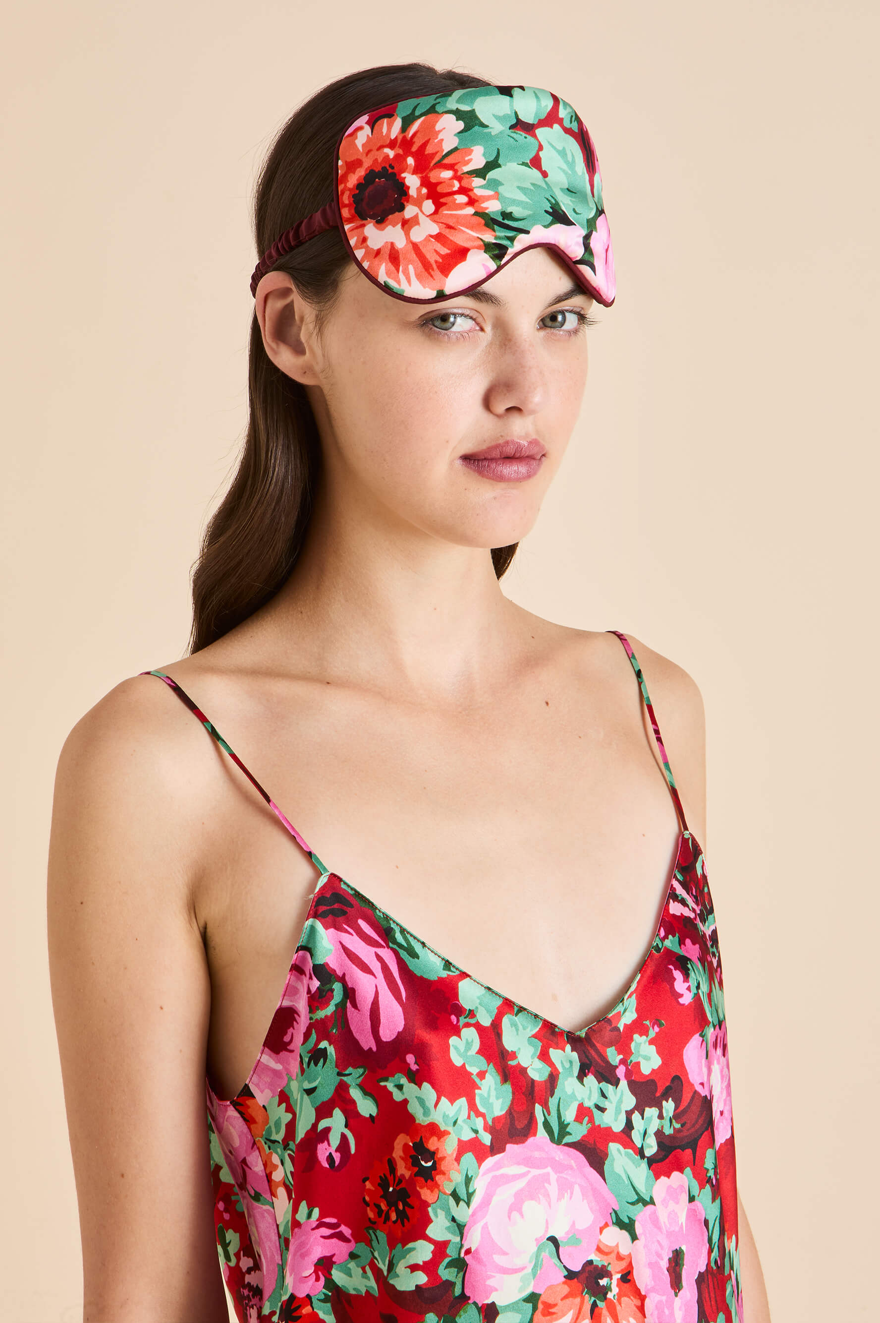 Audrey Moulin Red Floral Eye Mask in Silk Satin