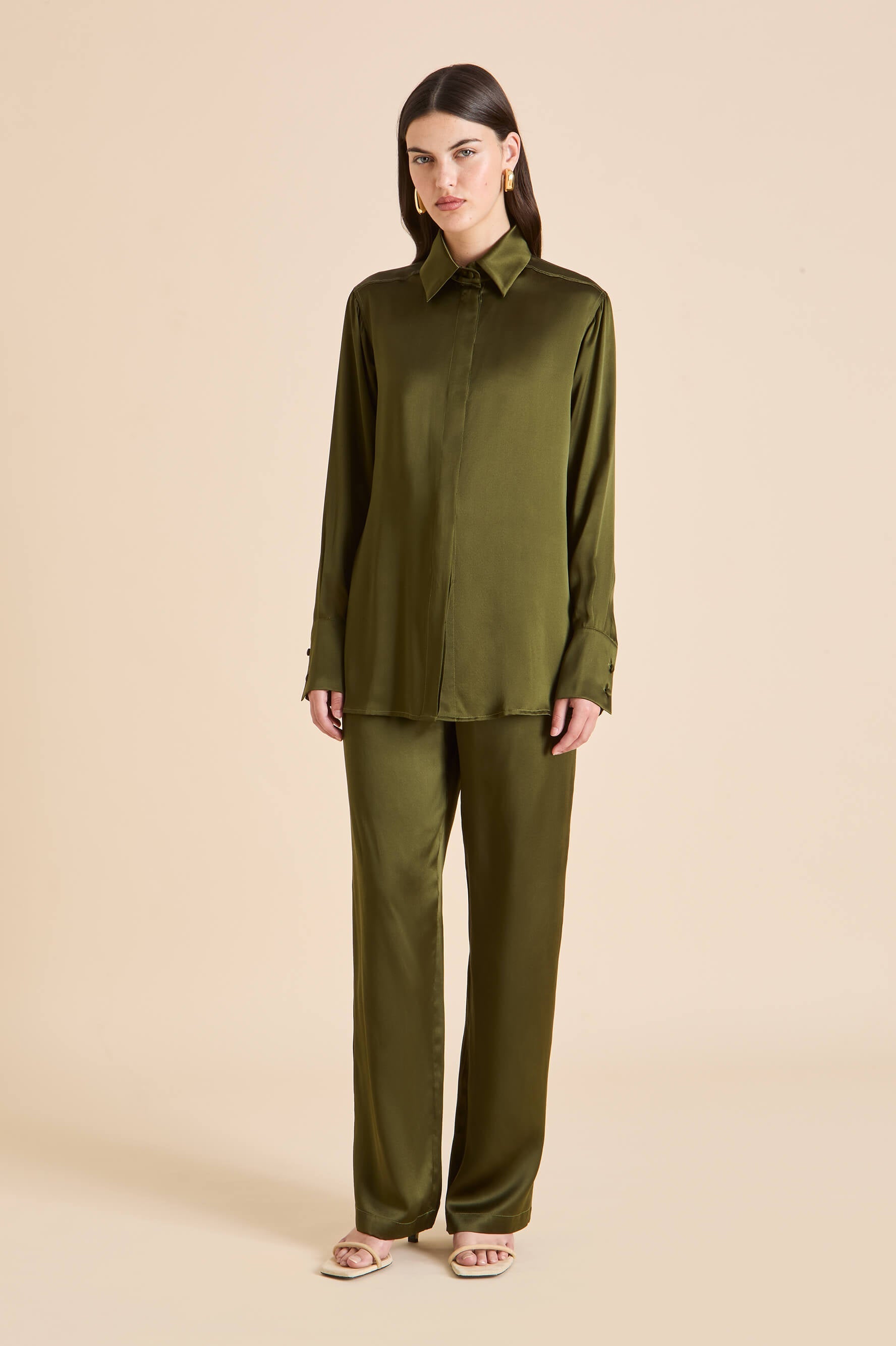 Bacall Ivy Green Pajamas in Silk Satin