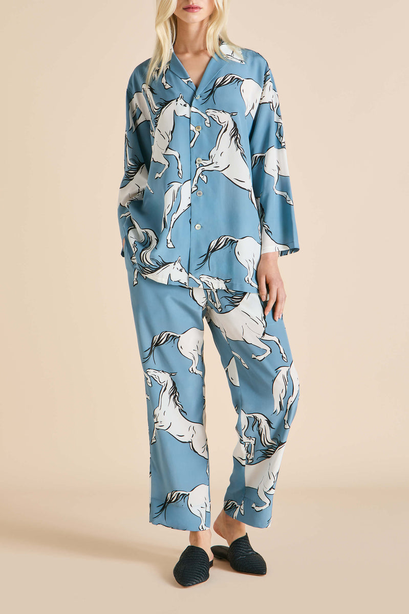 Casablanca Cordelia Blue Horse Pyjamas in Silk Crêpe de Chine