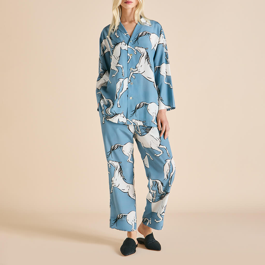Casablanca Cordelia Blue Horse Pyjamas in Silk Crêpe de Chine