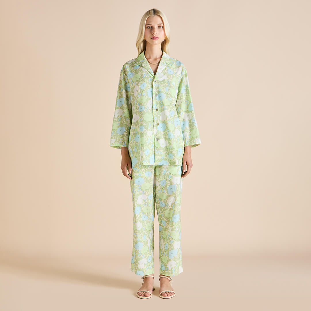 Casablanca Hester Green Floral Pajamas in Cotton-Silk
