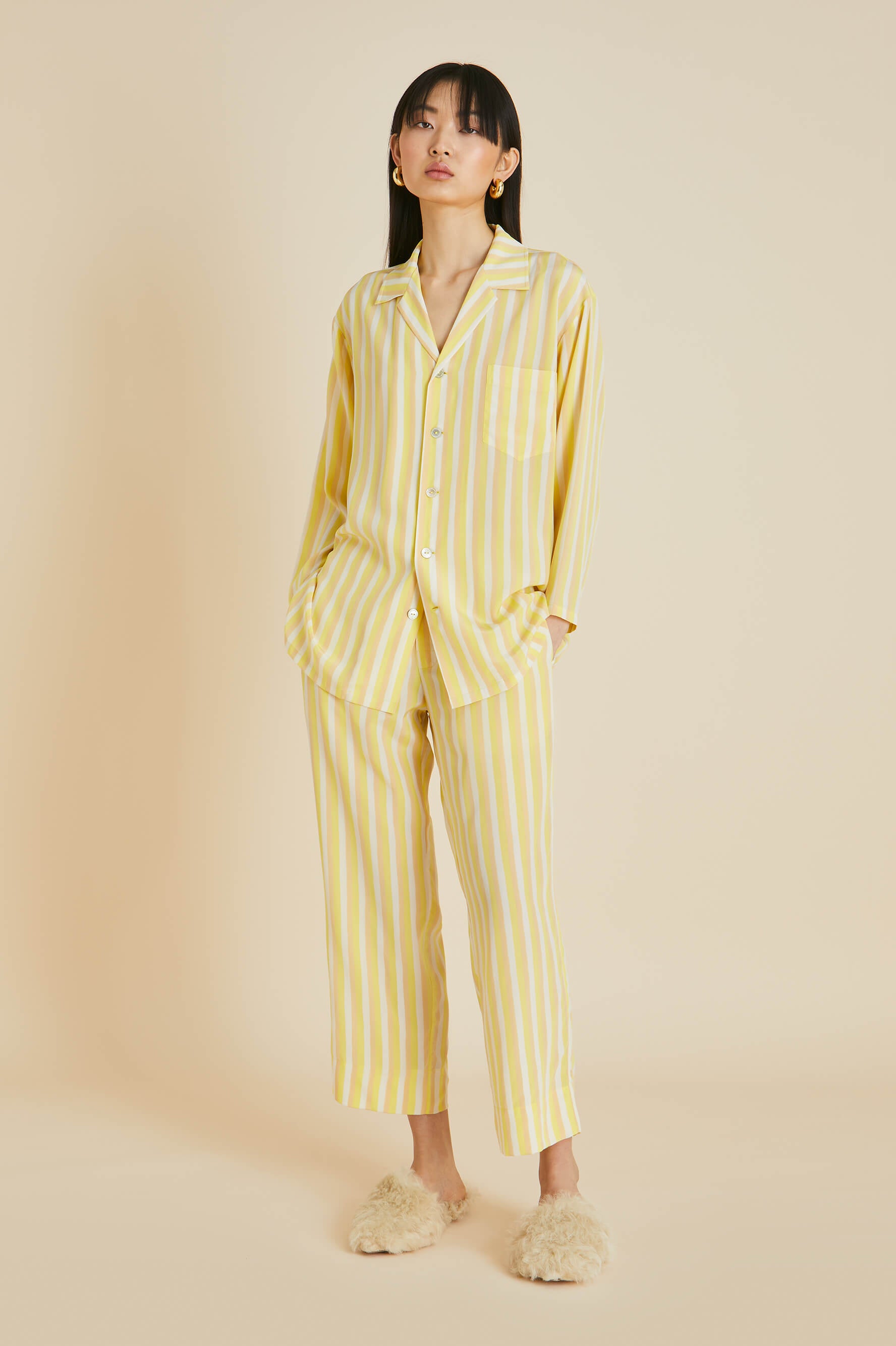 Casablanca Polaris Yellow Stripe Pyjamas in Silk Crêpe de Chine