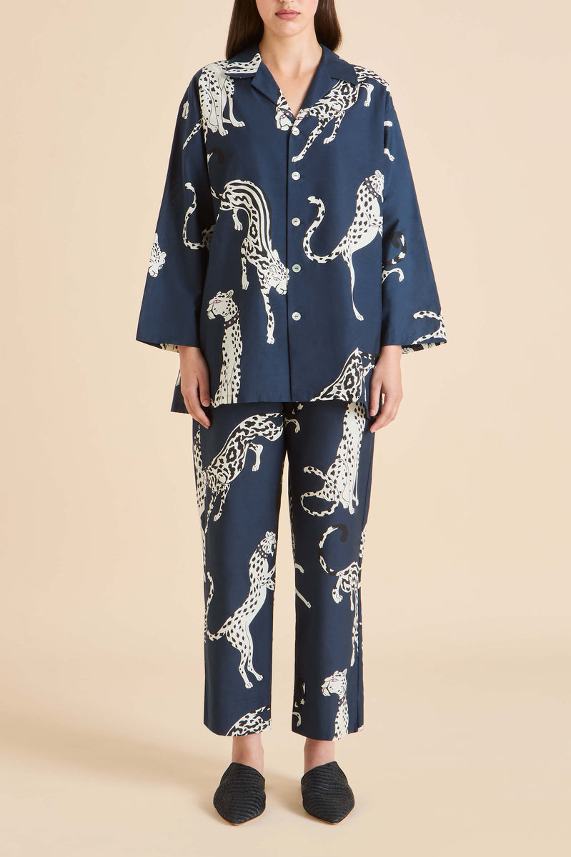 Casablanca Ziegfeld Blue Leopard Pajamas in Cotton-Silk | Olivia
