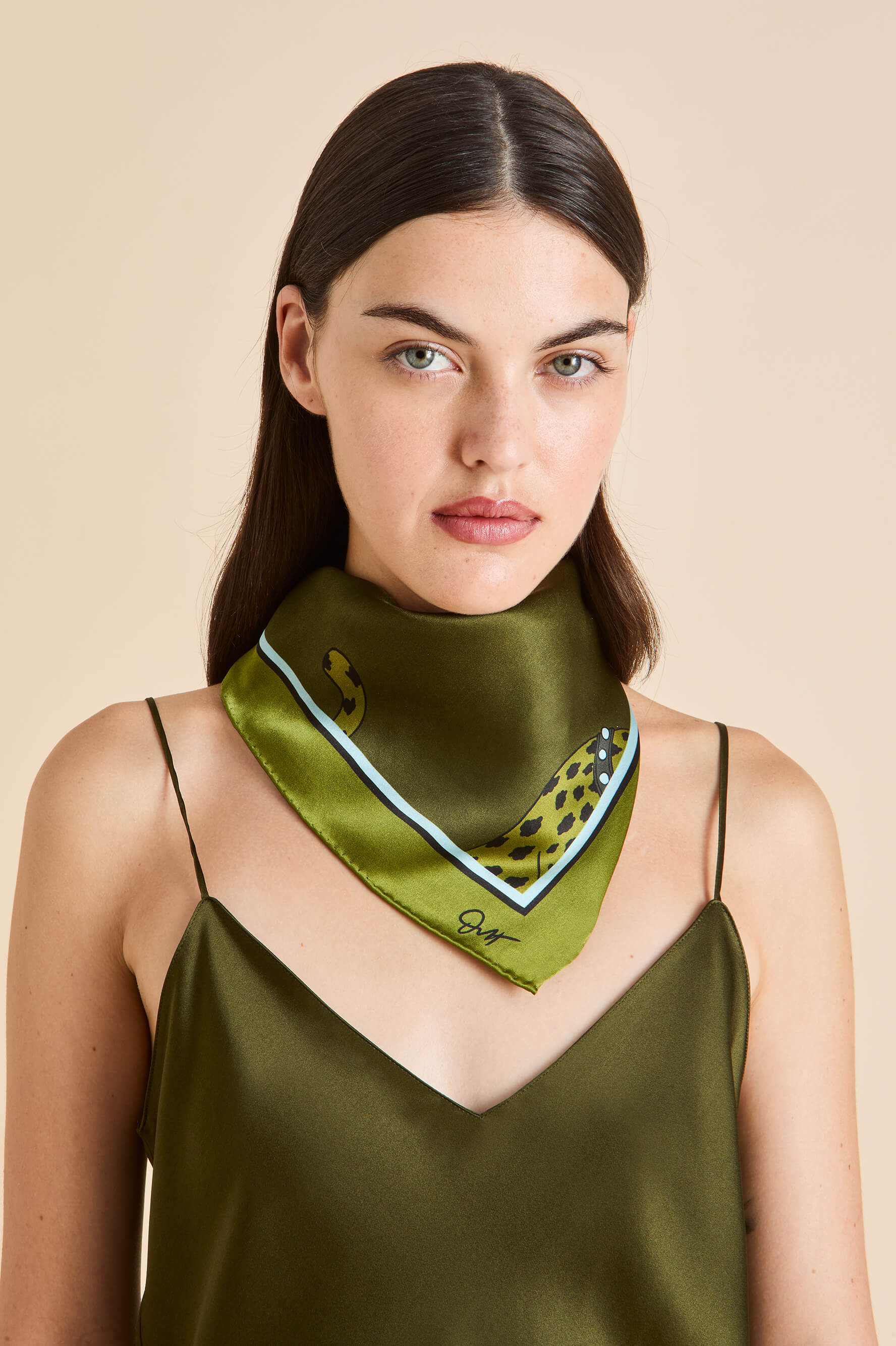 dunaway cosmos green leopard scarf in silk satin