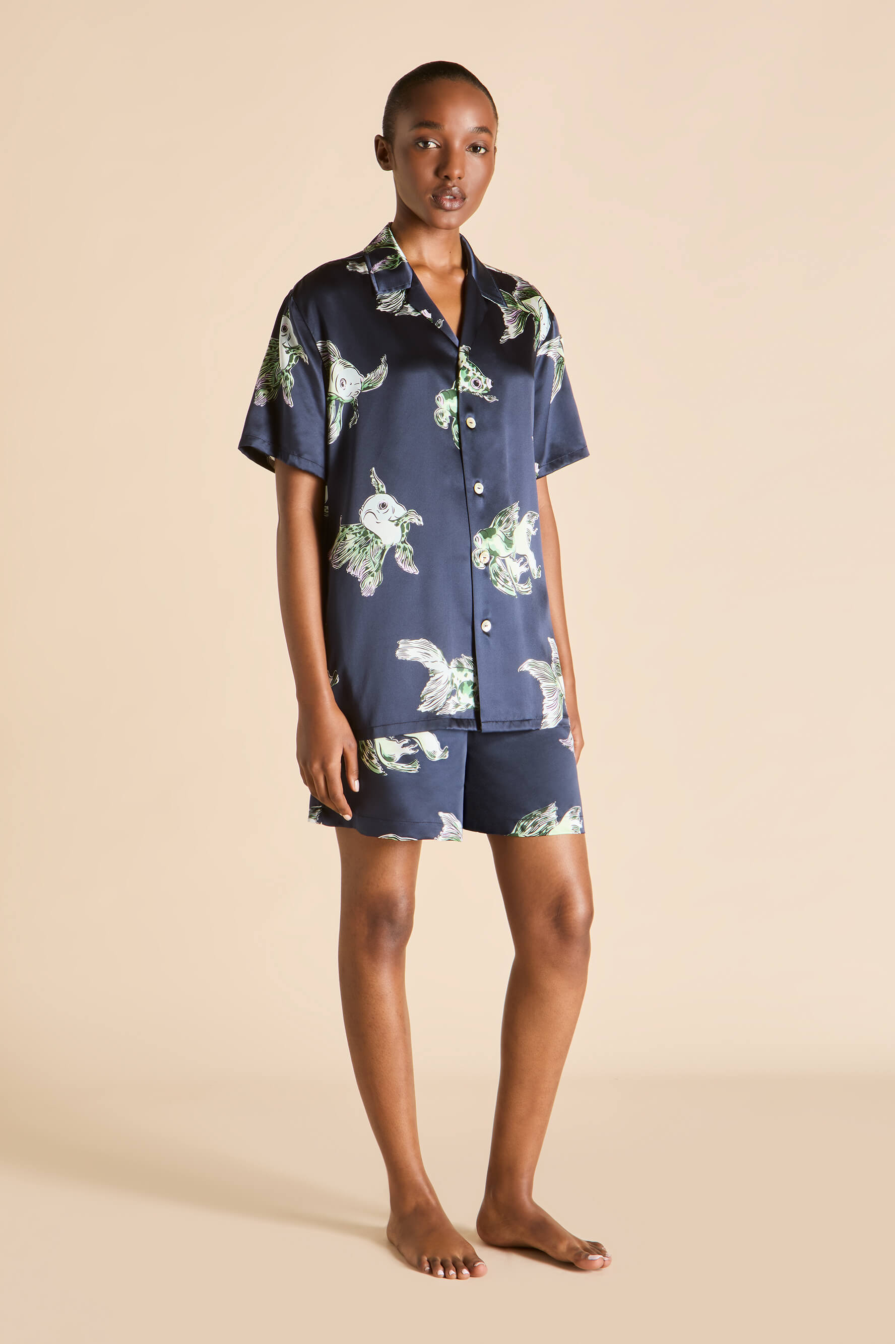 Emeli Caspian Navy Goldfish Pyjamas in Silk Satin