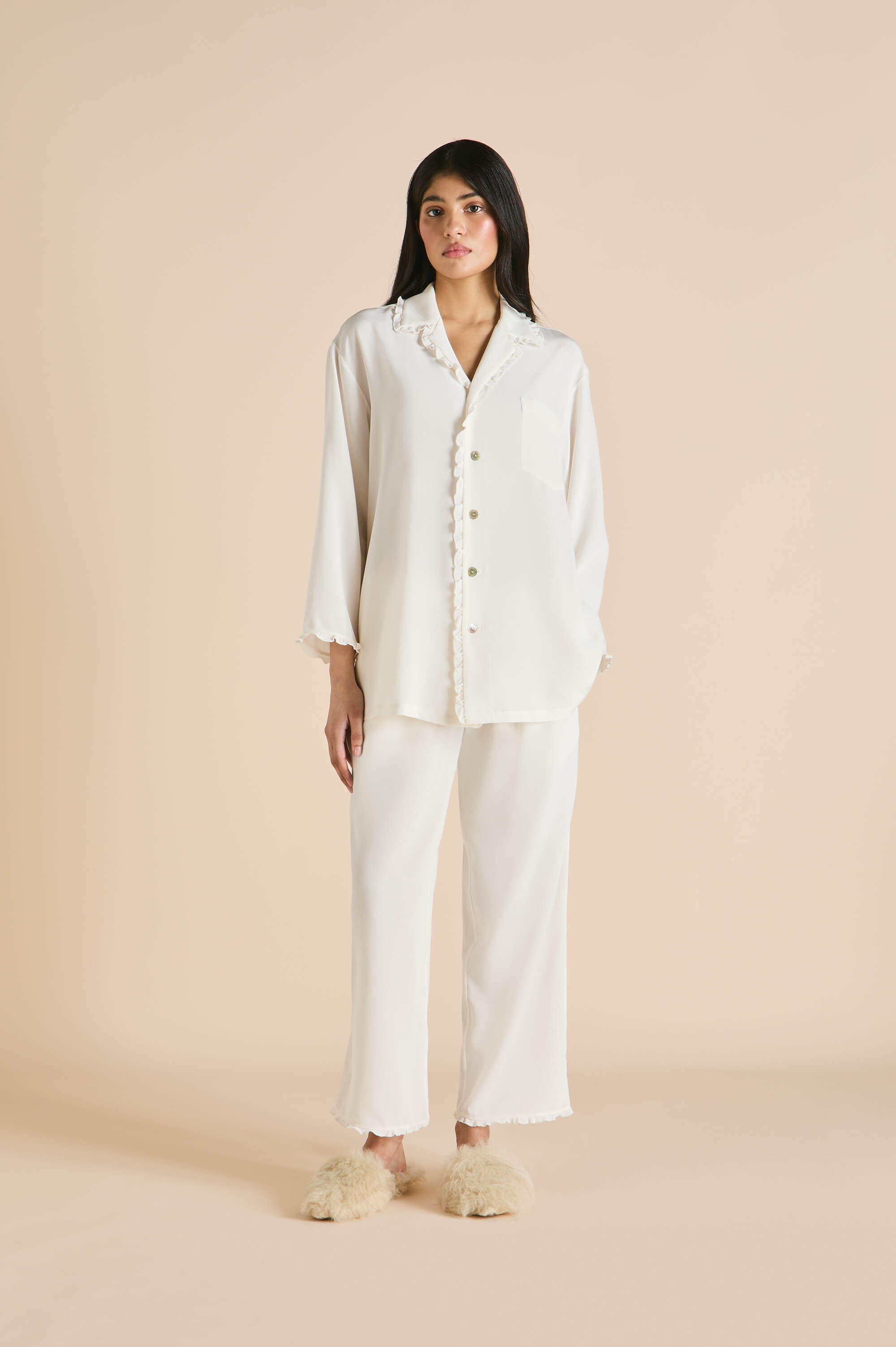 Fifi Ivory Frilled Pyjamas in Silk Crêpe de Chine
