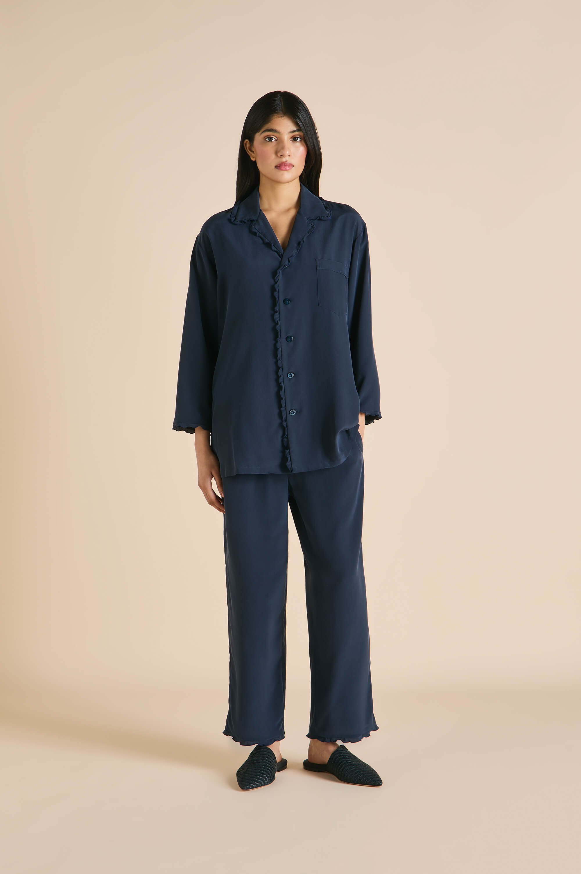 Fifi Navy Frilled Pyjamas in Silk Crêpe de Chine