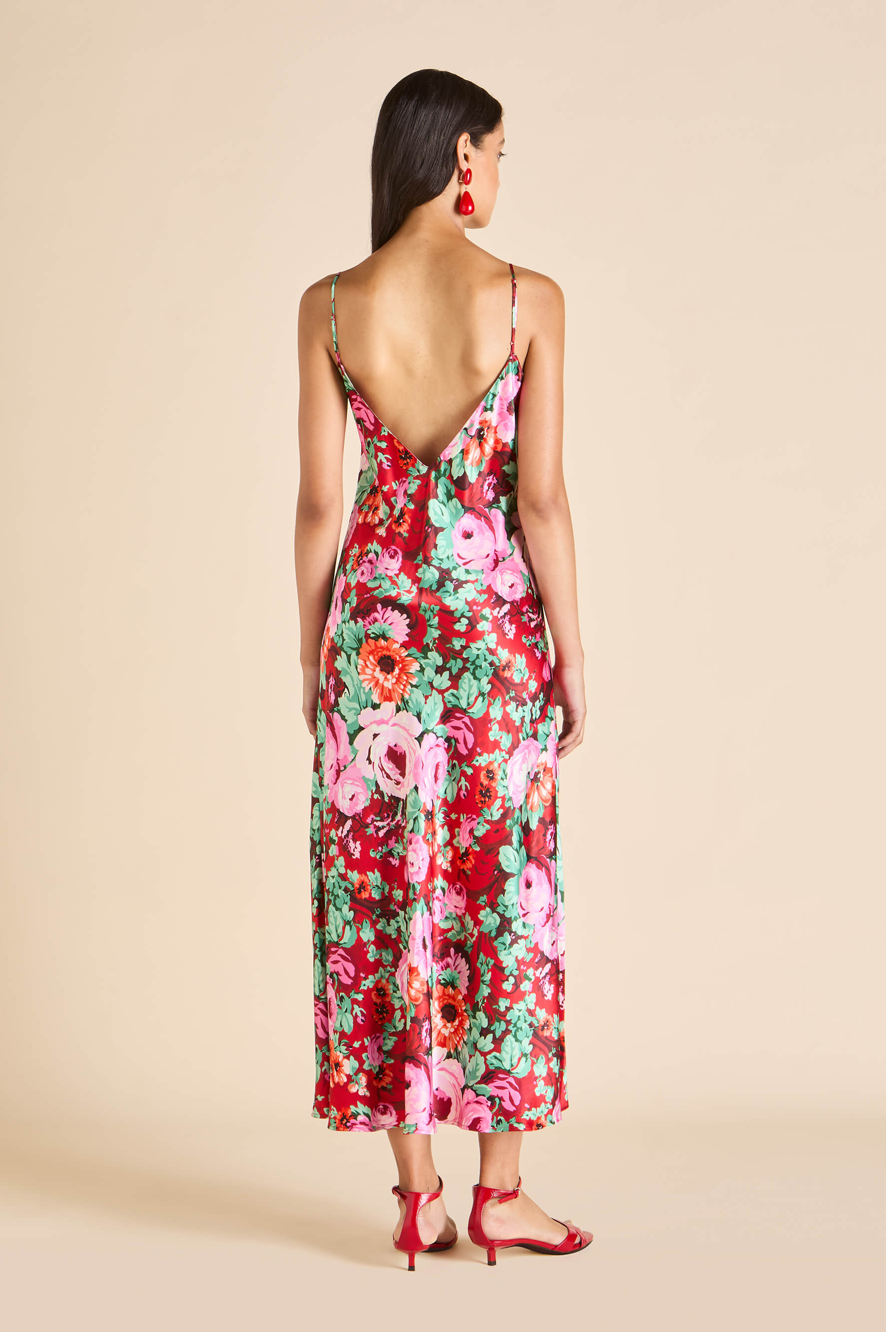 Garbo Moulin Red Floral Slip Dress in Silk Satin