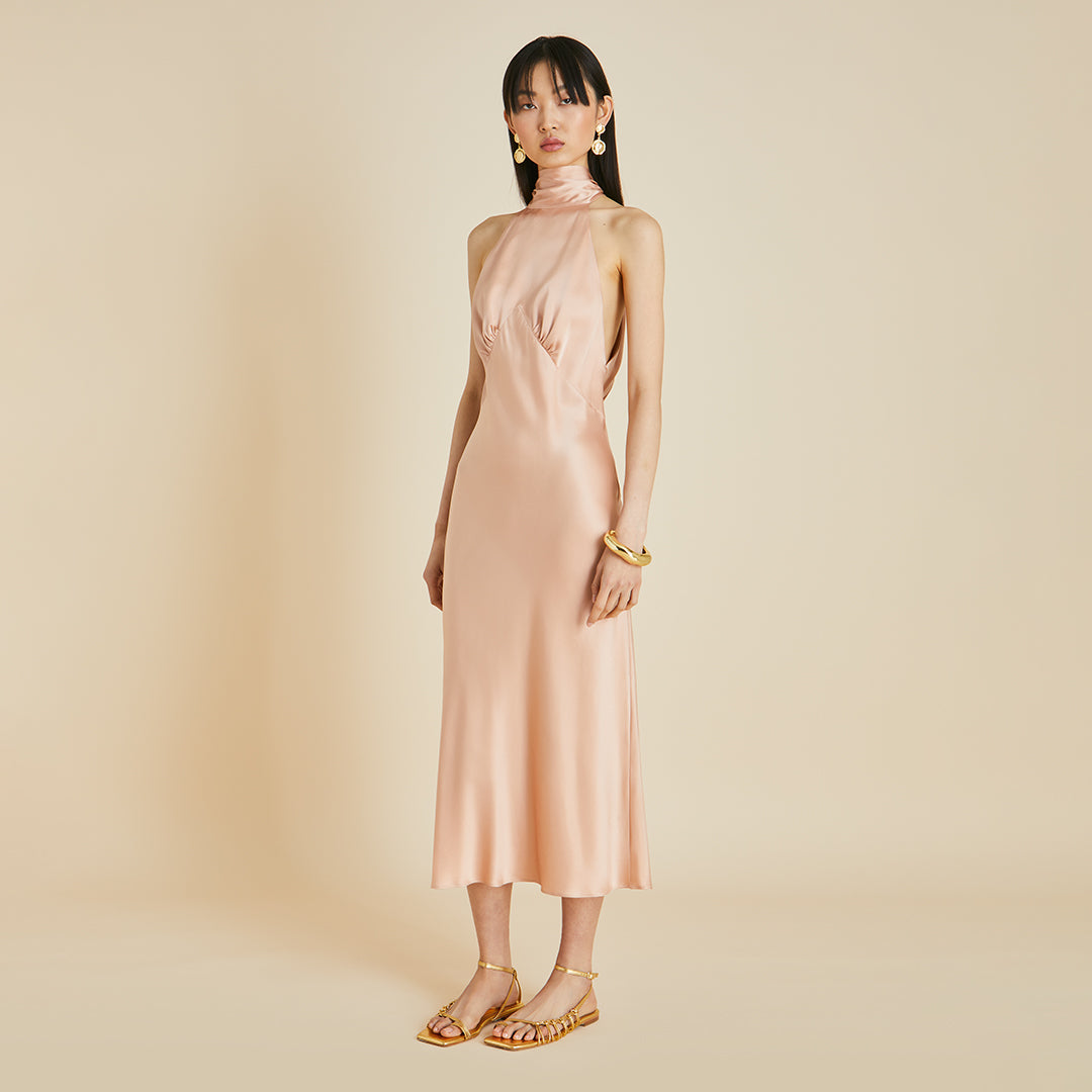 Greta Shell Pink Halter Neck Dress in Sandwashed Silk | Olivia von Halle