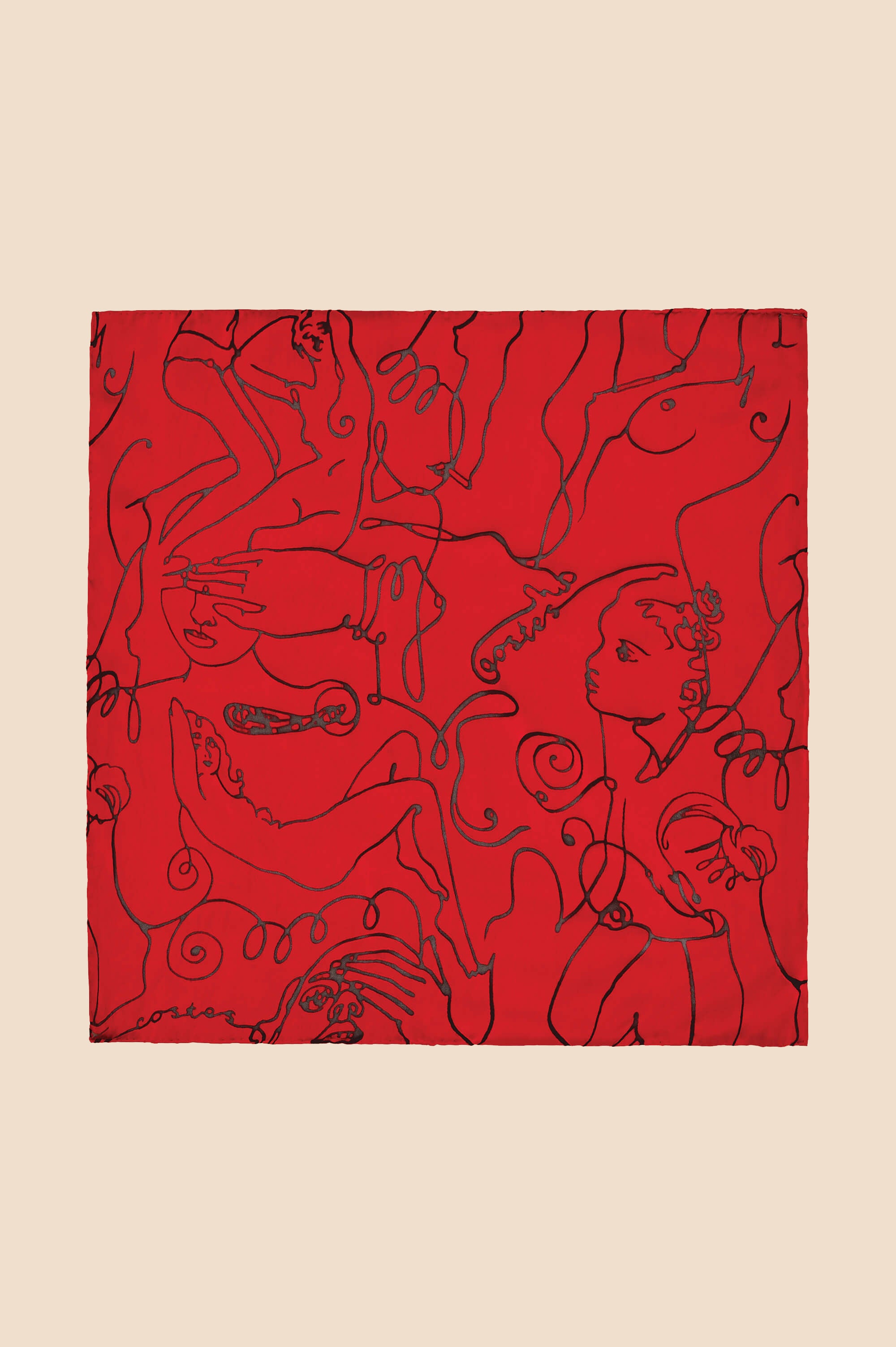 Deneuve Liaisons Red Figures Scarf in Silk Satin