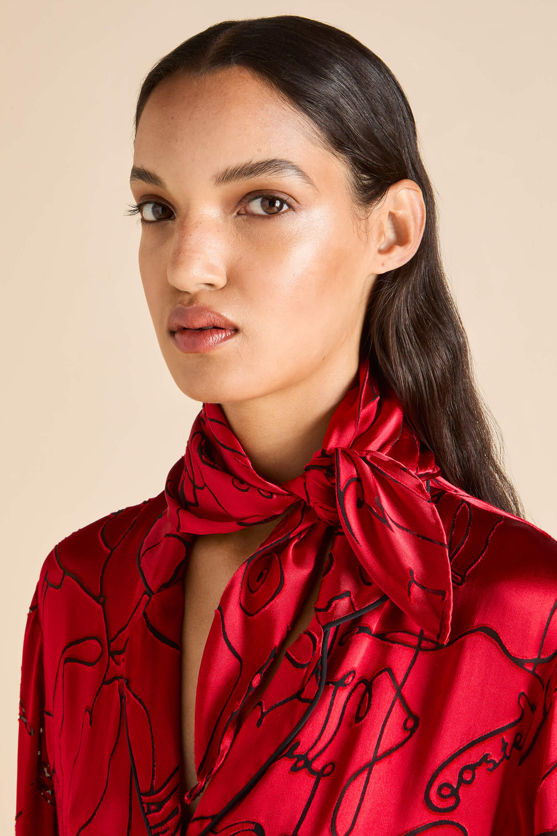 Deneuve Liaisons Red Figures Scarf in Silk Satin