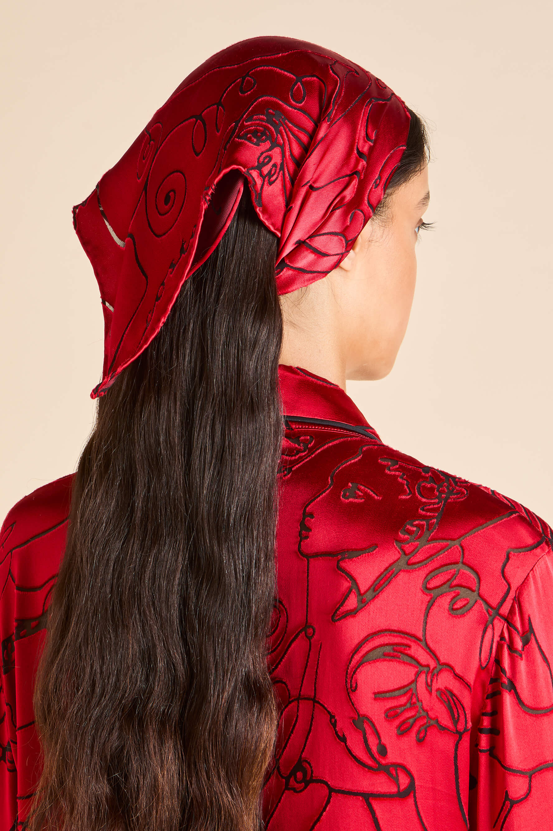 Deneuve Liaisons Red Figures Scarf in Silk Satin