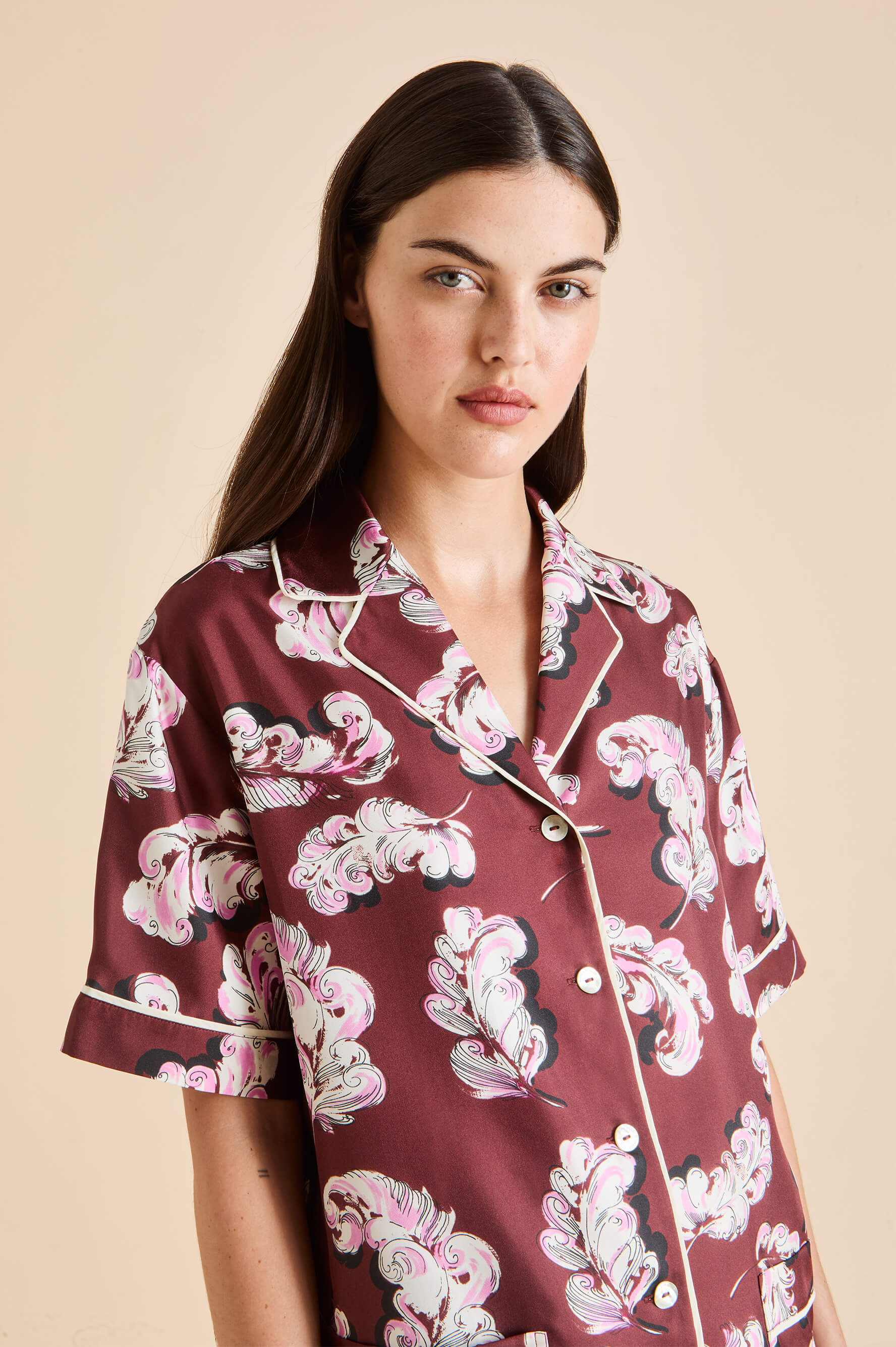 ingo boudoir maroon feather pyjamas in silk twill