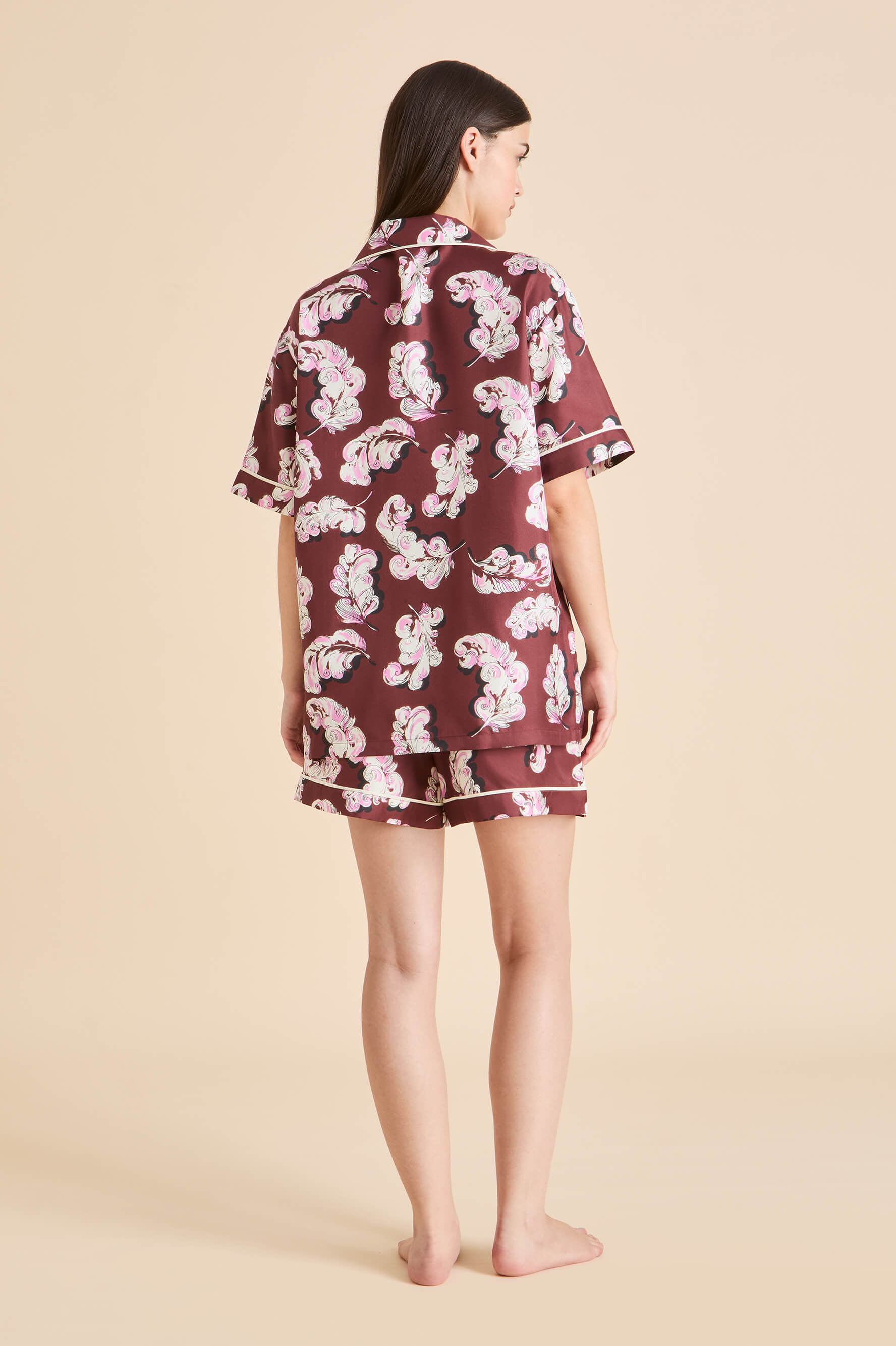 Ingo Boudoir Maroon Feather Pyjamas in Silk Twill