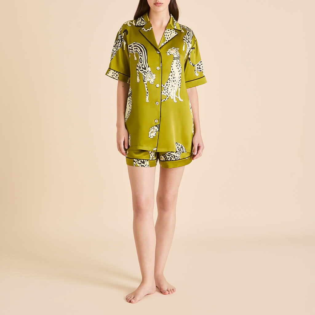 Ingo Chanson Green Leopard Pajamas in Silk Satin | Olivia von Halle