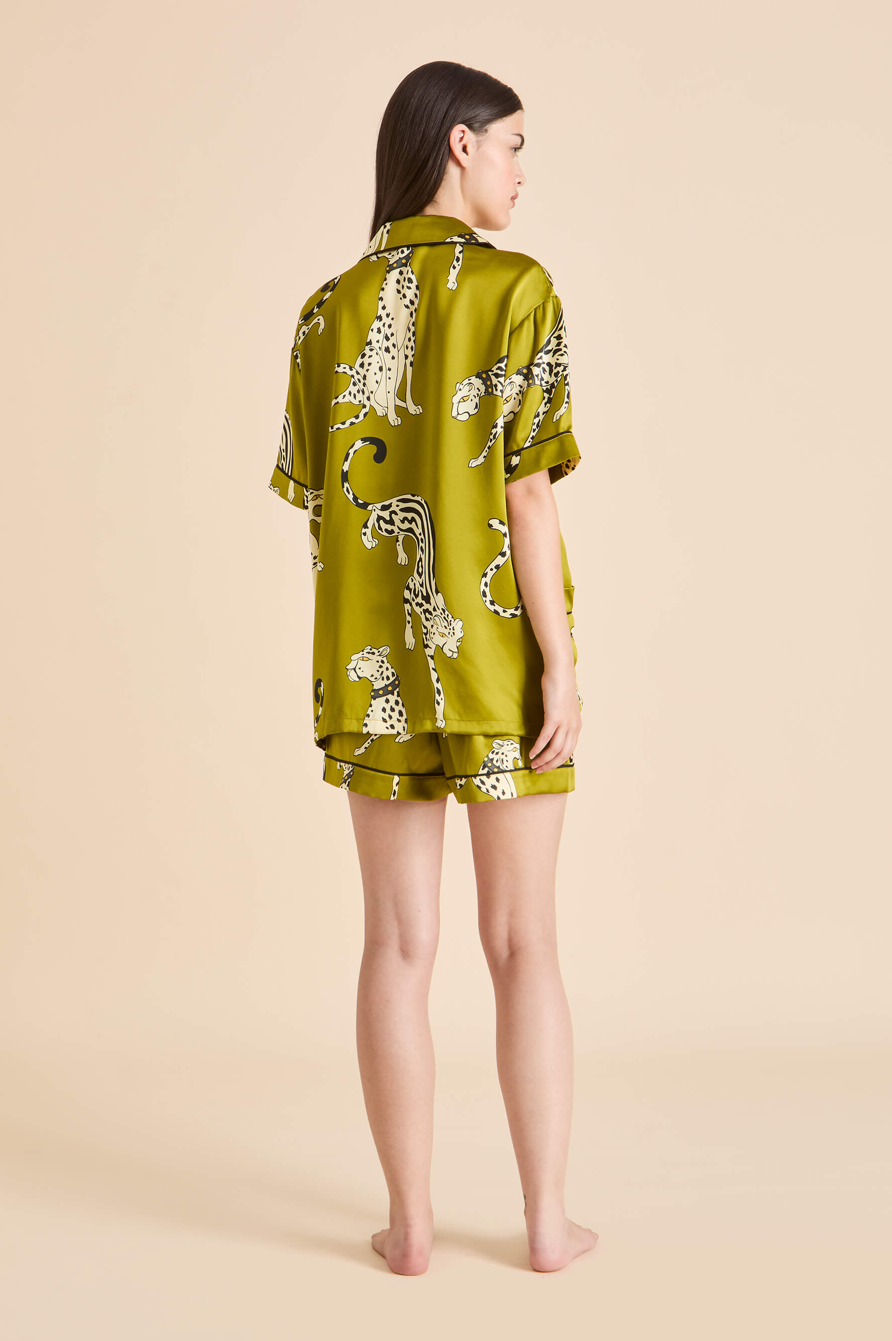 Ingo Chanson Green Leopard Pajamas in Silk Satin