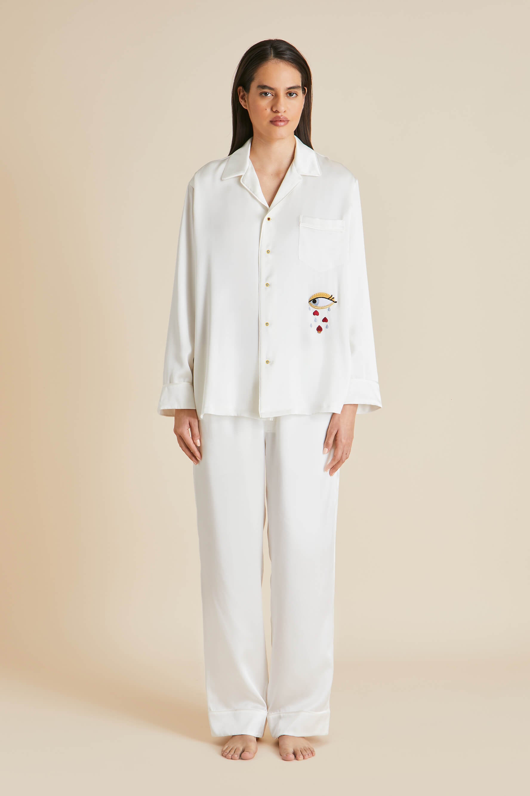 Yves Desire Ivory Pyjamas in Silk with Ruby and Diamond Buttons