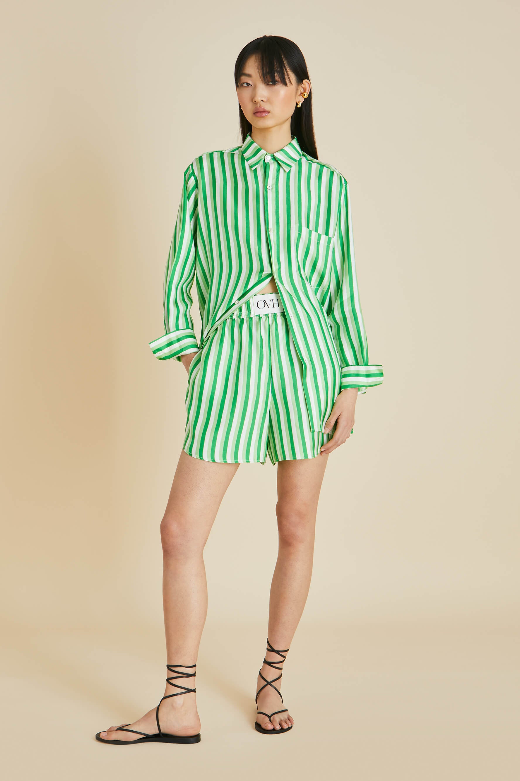 Kick Piscis Green Stripe Pyjamas in Silk Twill