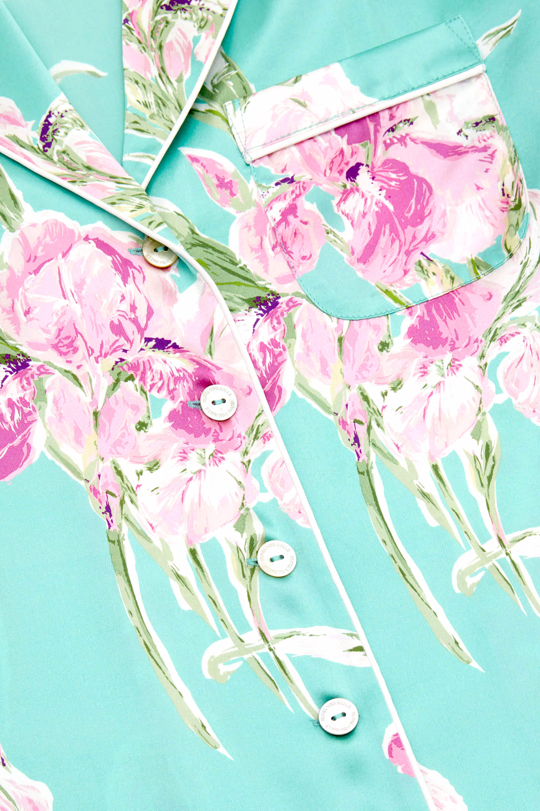 Lila Abalone Turquoise Floral Pyjamas in Silk Satin