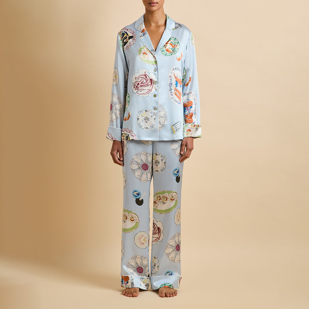 Lila Cadiz Blue Seafood Pyjamas in Silk Satin |Olivia von Halle