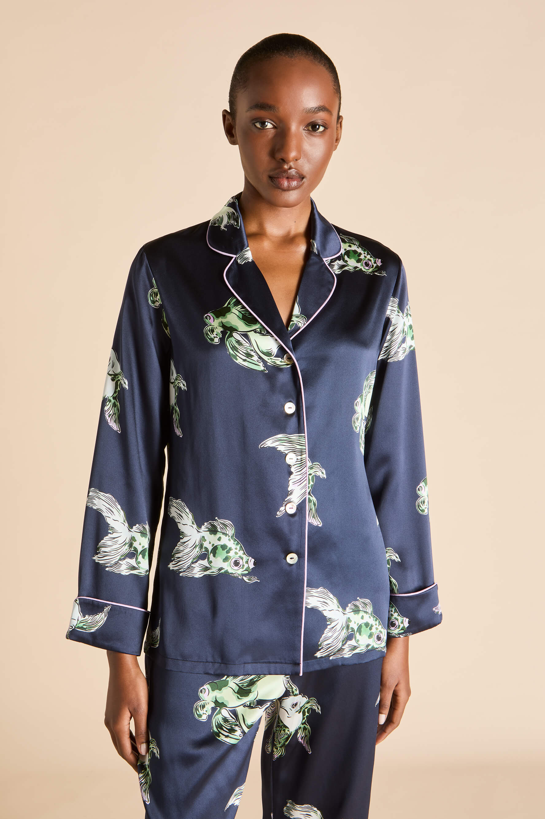 Lila Caspian Navy Goldfish Pyjamas in Silk Satin
