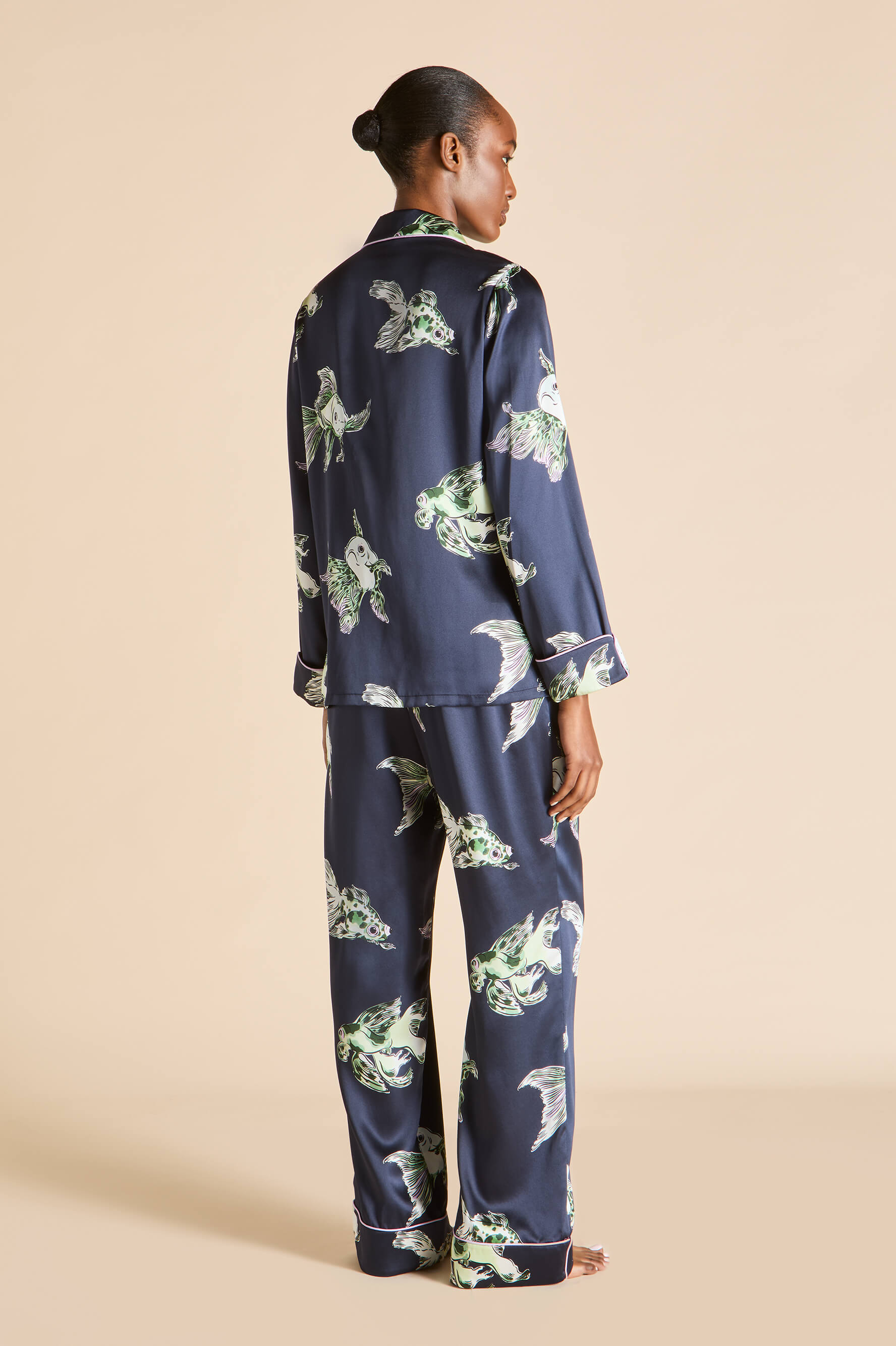 Lila Caspian Navy Goldfish Pyjamas in Silk Satin