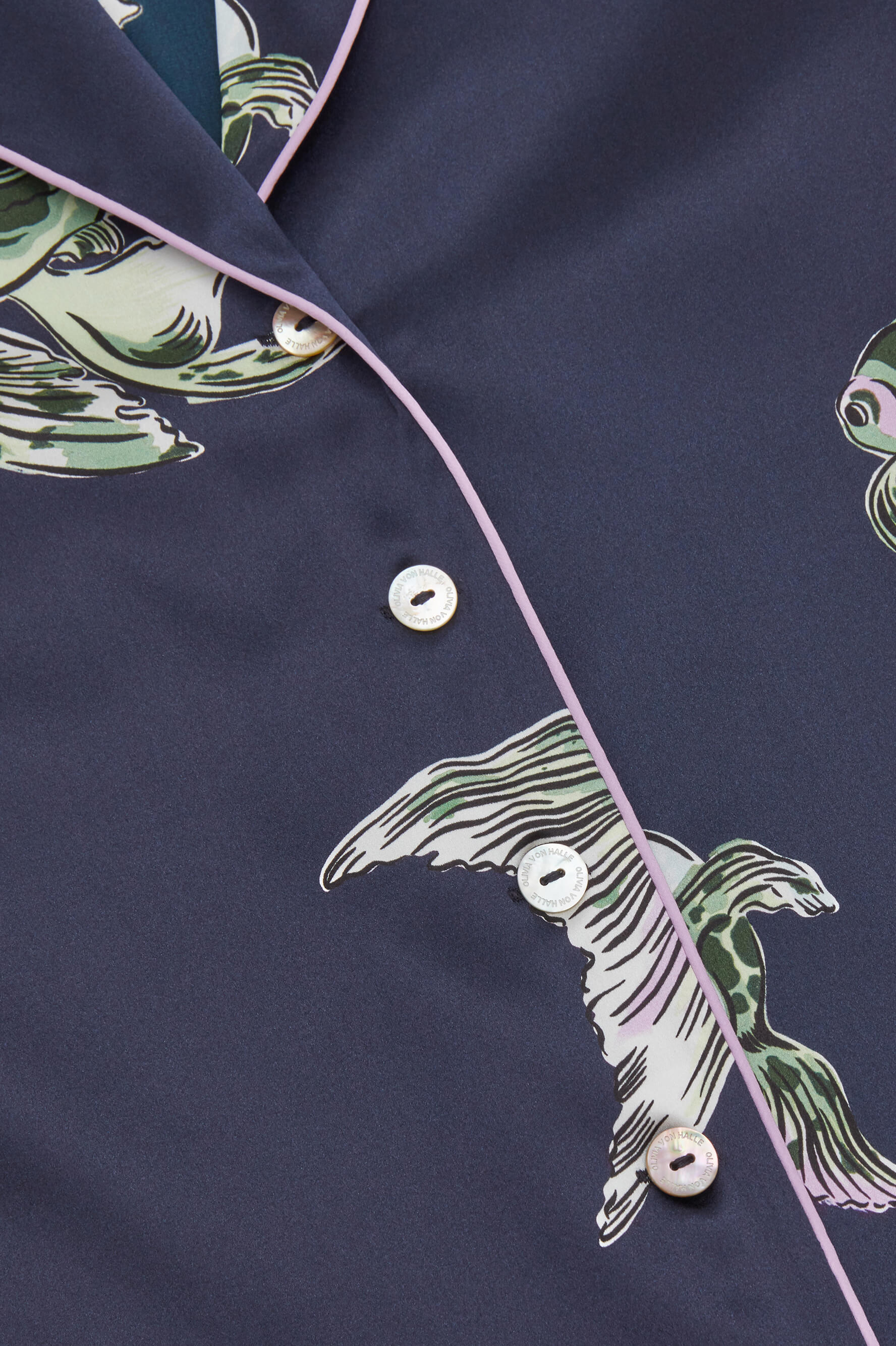 Lila Caspian Navy Goldfish Pyjamas in Silk Satin