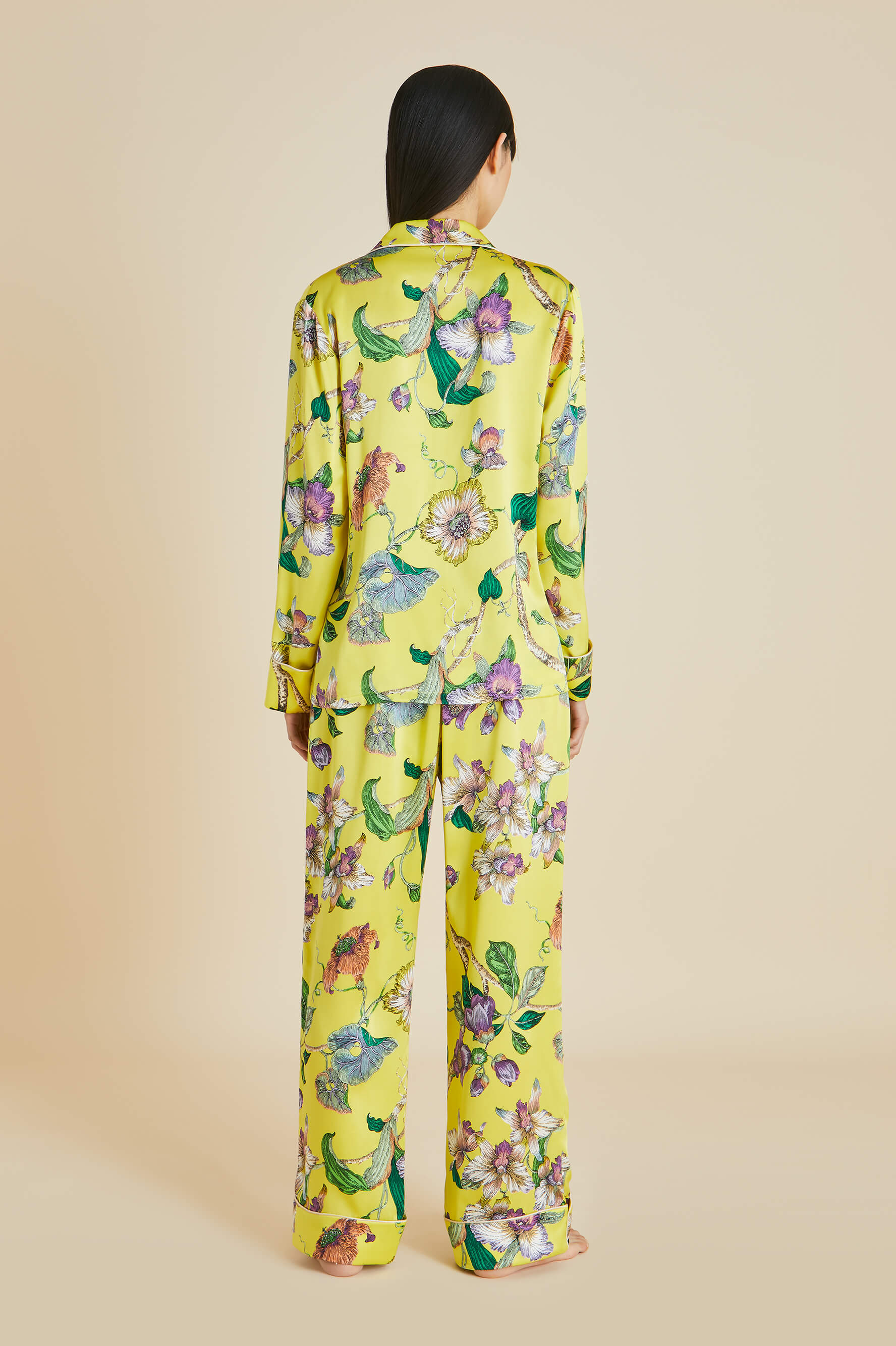 Lila Chakra Yellow Floral Pyjamas in Silk Satin