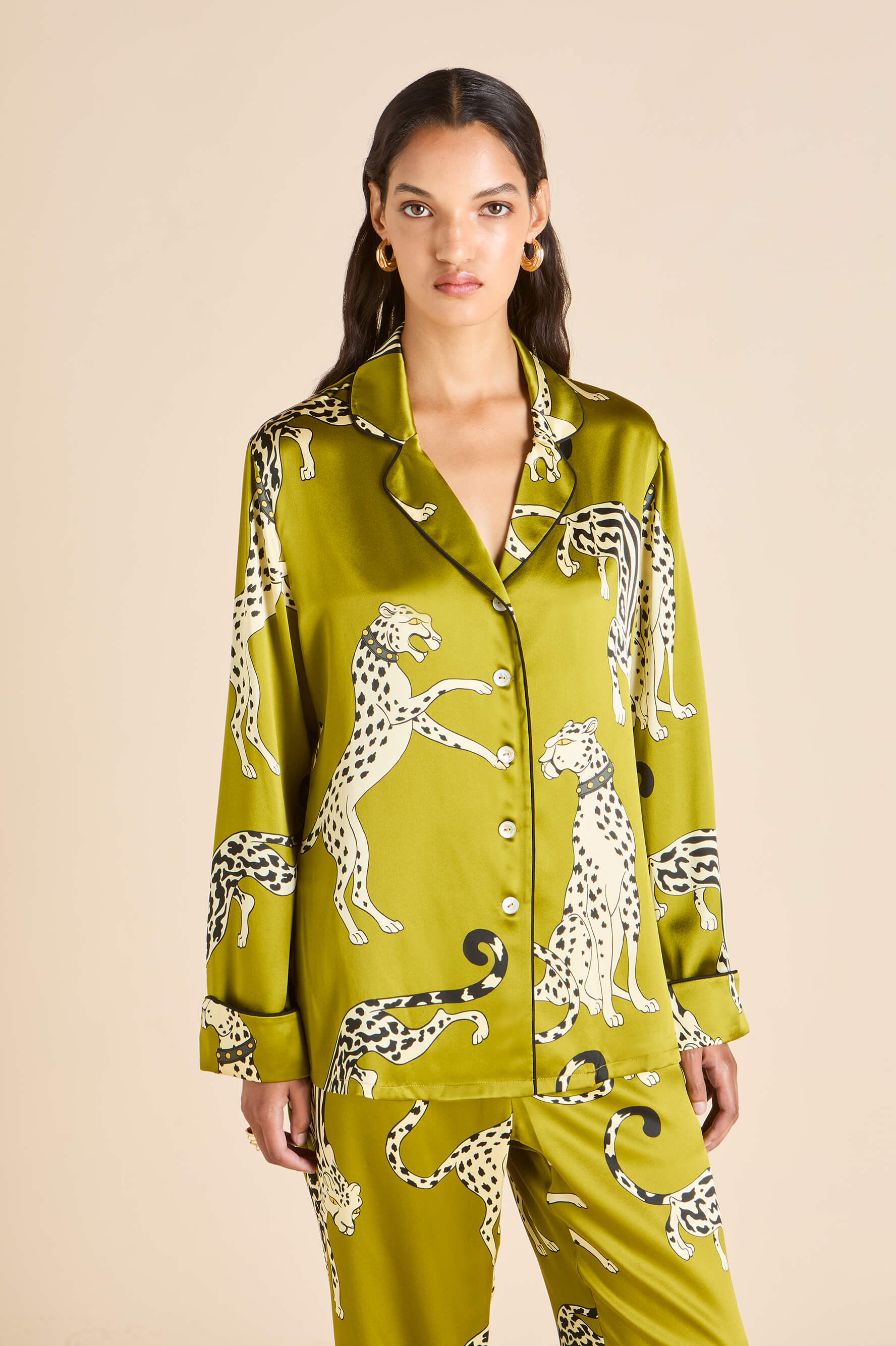 Lila Chanson Green Leopard Pyjamas in Silk Satin