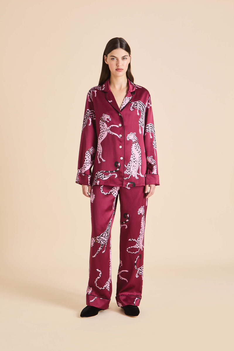 Lila Cherie Red Leopard Pajamas in Silk Satin Olivia von Halle